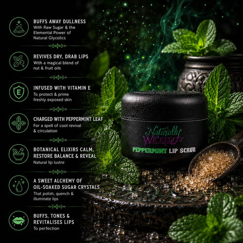 Naturally Wicked Peppermint Lip Scrub Amongst Vibrant Green Mint Leaves & Brown Sugar Crystals, With Magical Whisps Rising Above, Beside List Of Benefits Of Using To Exfoliate Lips