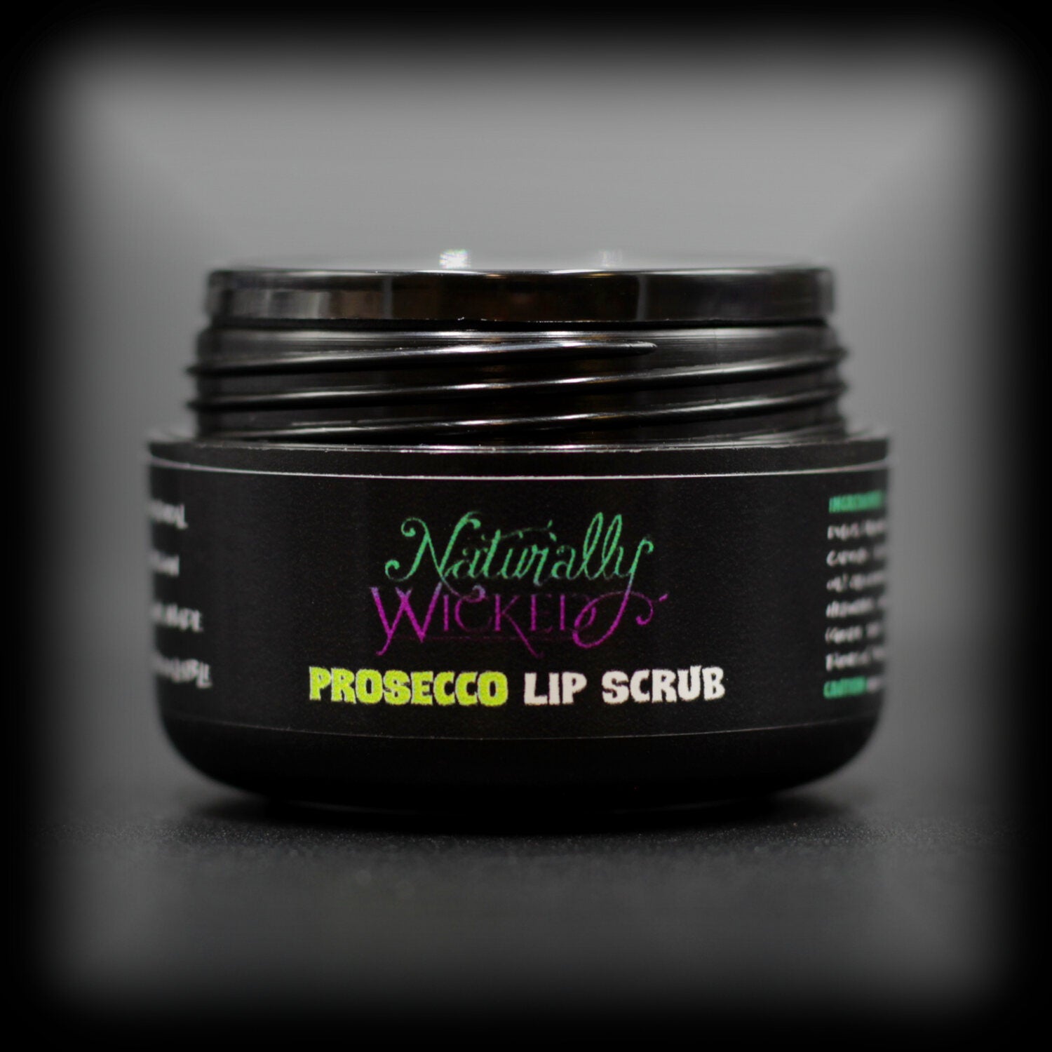 Naturally Wicked Prosecco Lip Scrub In Luxury Container With Lid Removed & Seal/Shive Visible