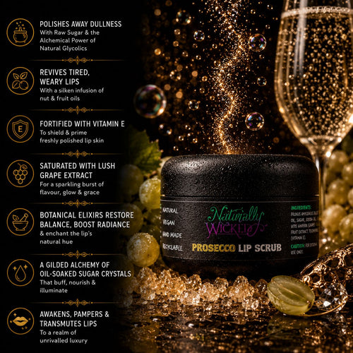 Naturally Wicked Prosecco Lip Scrub Amongst Glass Of Prosecco & Bubbles Under Influence Of Fairy Magic, With Grapes, Beside List Of Lip Benefits