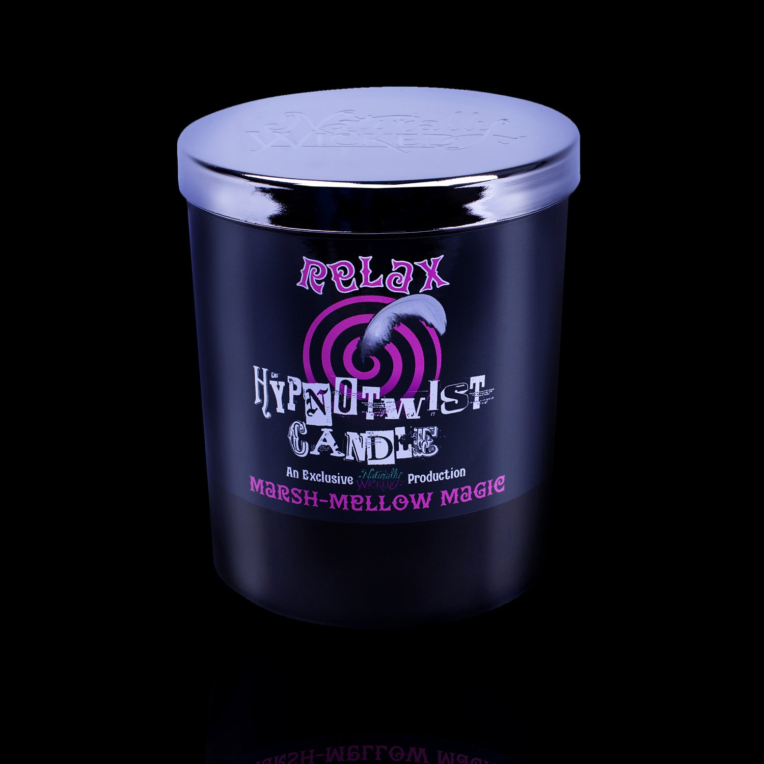 Experience The Ultimate Relaxation With The Naturally Wicked Hypnotwist Relax Candle Featuring Plant-based Soy Pink Wax Scented With Marsh-Mellow Magic & Includes A Rose Quartz Crystal Spinning Top & Mirrored Lid