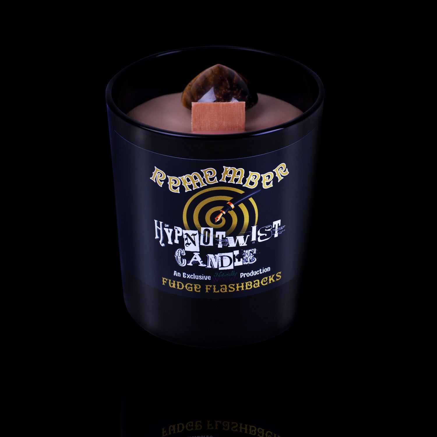 Naturally Wicked Hypnotwist Remember Candle Featuring Plant-based Soy Brown Wax Scented with Fudge Flashbacks & Includes A Tiger's Eye Crystal Spinning Top.