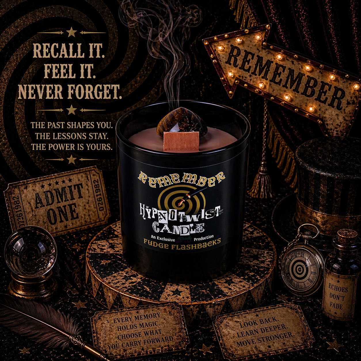 Hypnotwist Remember Candle In Hypnotic Circus Themed Memory Ritual Amongst Potion, Crystal Ball & Magicians Hat