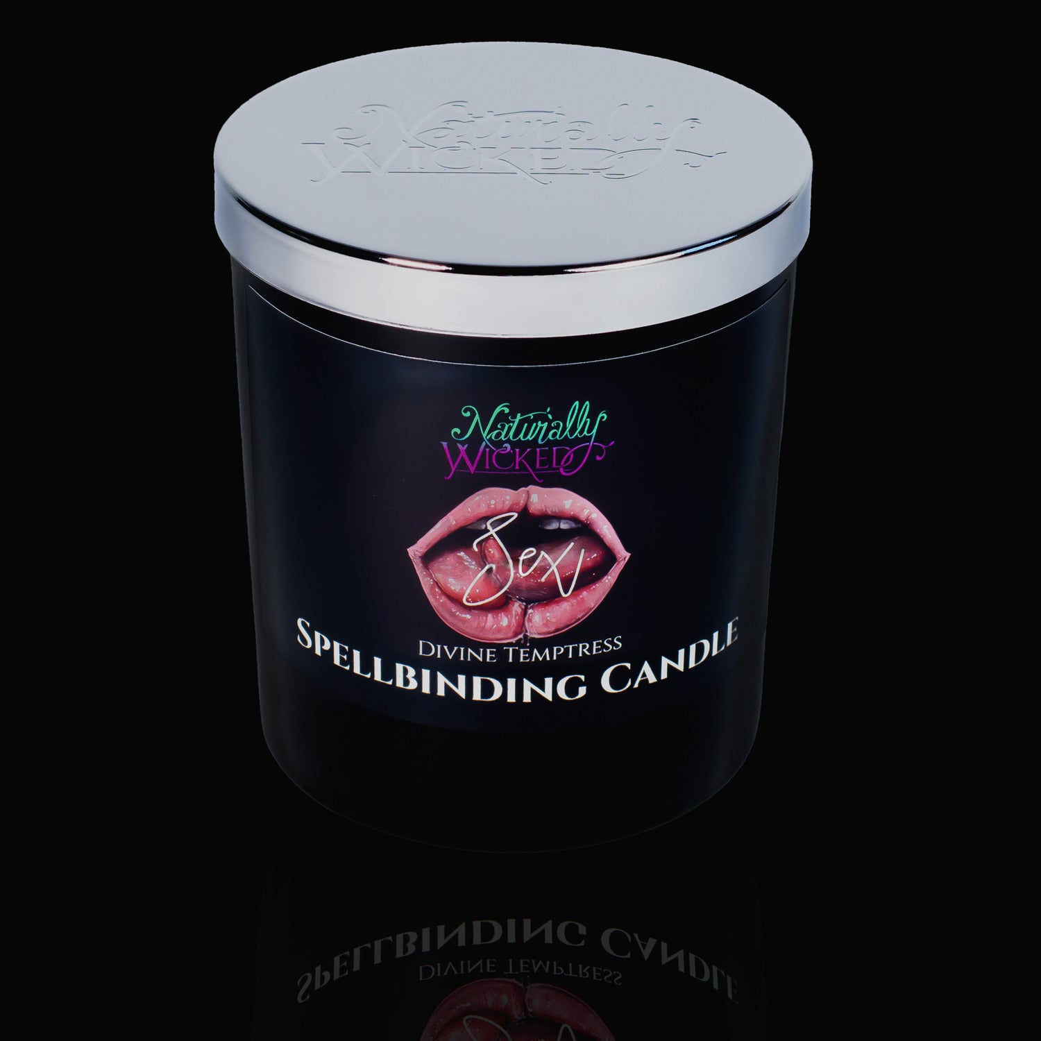 Naturally Wicked Spellbinding Sex Spell Candle With Mirror Finished Exquisite Lid In Place. Featuring A Black Gloss Label And A Pair Of Luscious Lips Kissing Seductively