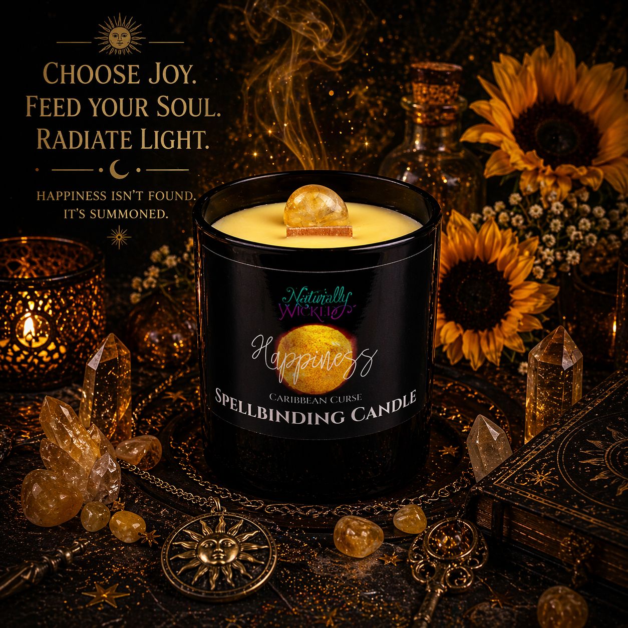 Spellbinding Happiness Candle In Positive Ritual, Amongst Sunflowers, Bright Yellow Crystals & Sunshine Accessories.