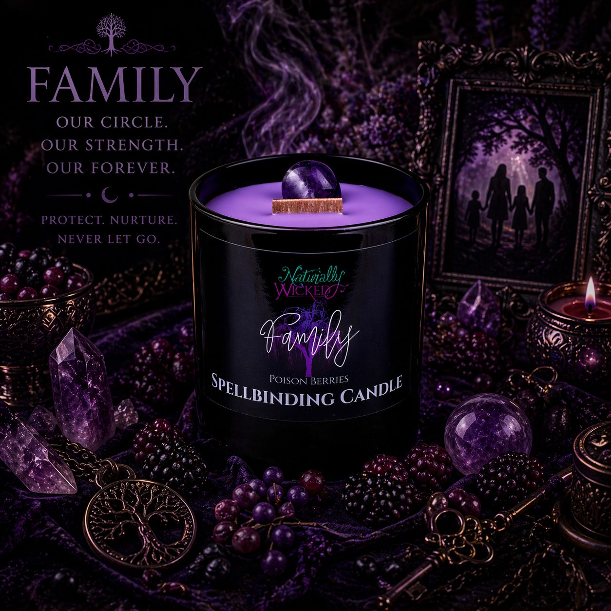 Naturally Wicked Spellbinding Family Candle Amongst Family Pictures, Witchy Keys, Purple Crystal Ball & Mystical Purple Accessories