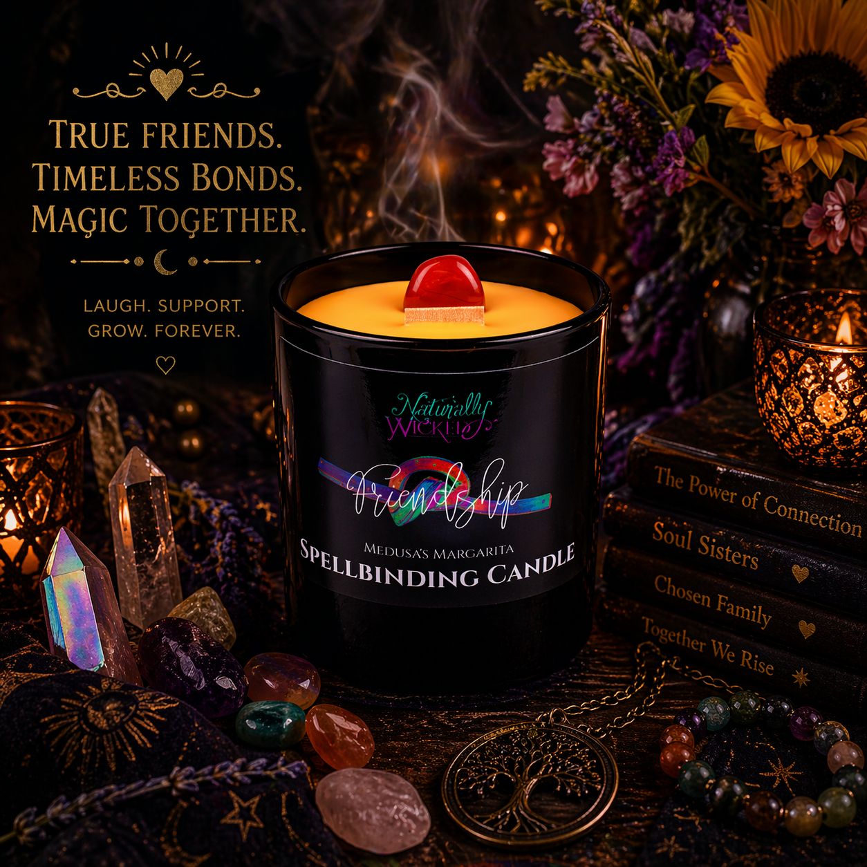 Spellbinding Friendship Candle In Orange Connection Ritual, Amongst Collection Of Books, Crystals, Tree Of Life & Friendship Bracelets.