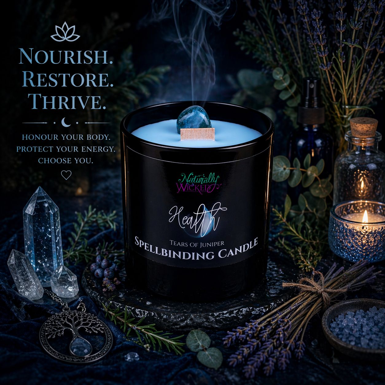 Spellbinding Health Candle In Mystical Ritual Setting Amongst Health Enhancing Herbs, Energetic Blue Crystals & Botanical Elements.