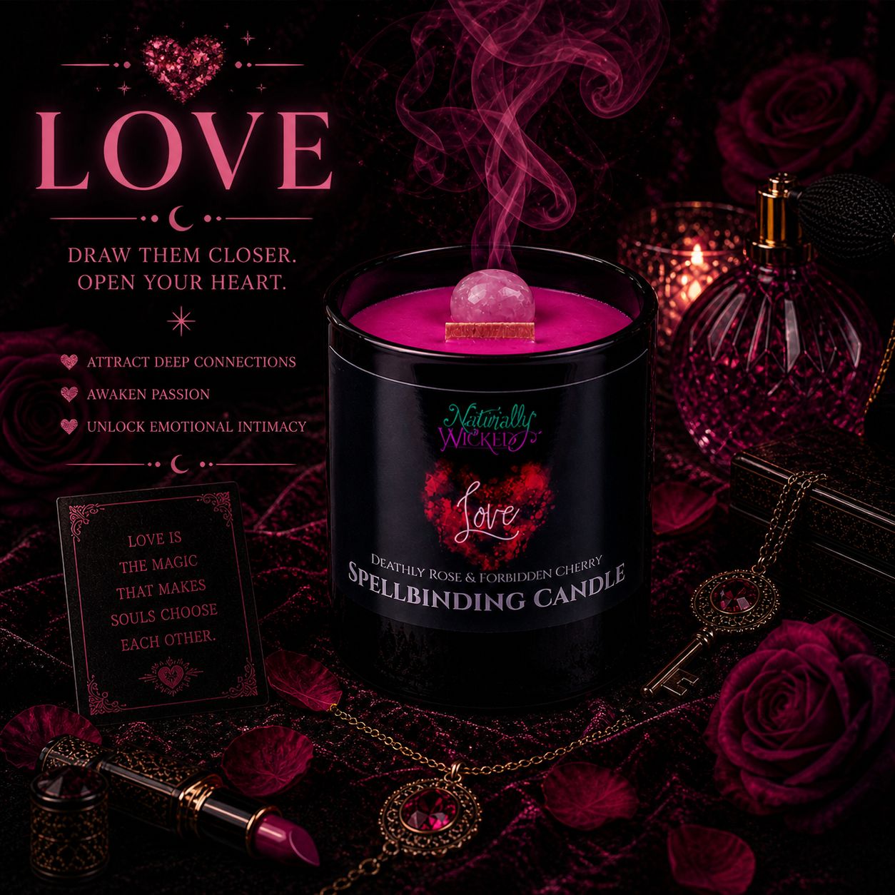 Spellbinding Love Candle In Romantic Love Ritual Amongst Lipstick, Rose Petals, Affirmation Cards & Other Mystical Witchy Accessories