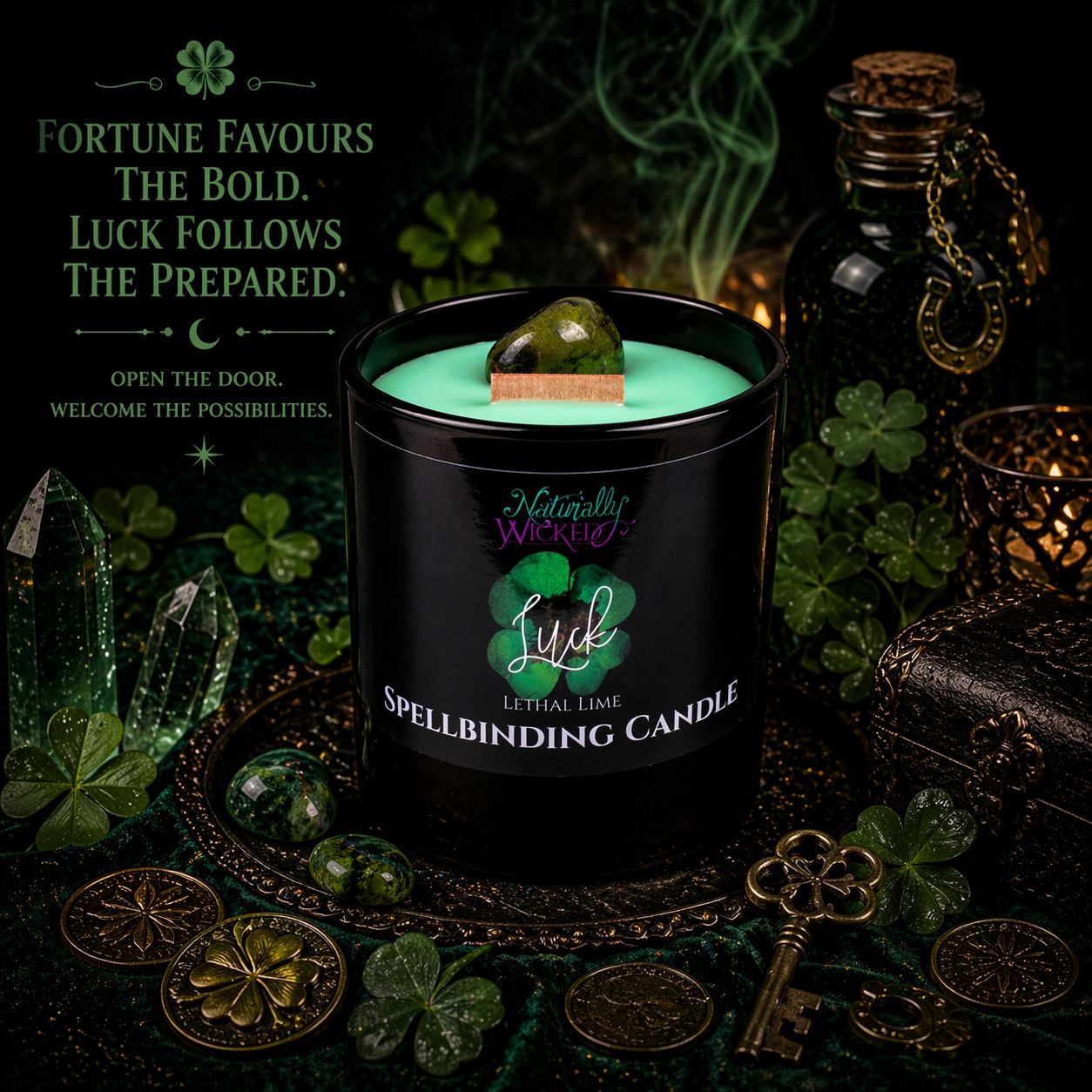 Spellbinding Luck Candle Amongst Green Mystical Lucky Four Leaf Clovers, Magical Key, Ornate Horse Shoe & Ritual Coins.
