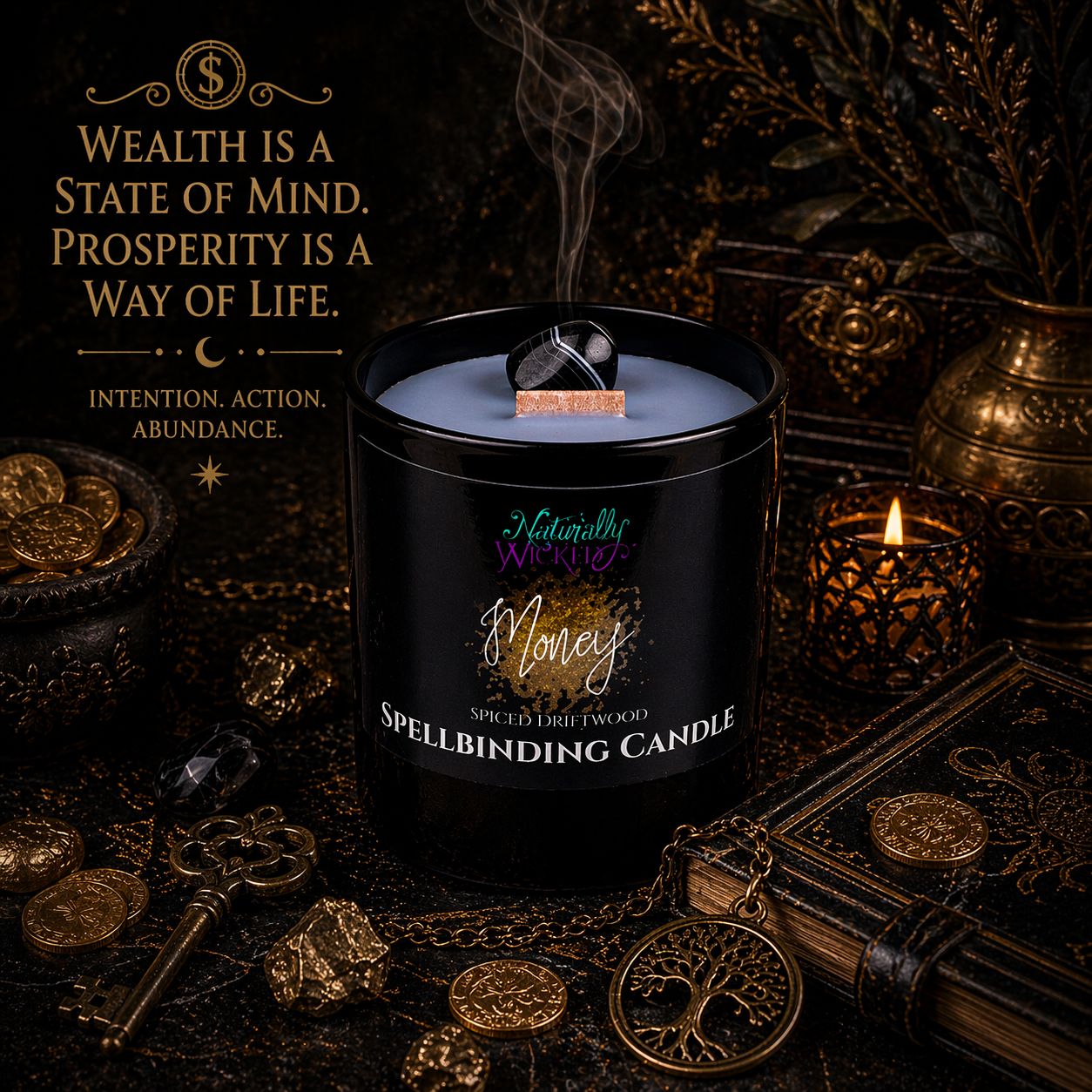 Spellbinding Money Candle Amongst Gold Riches In Mystical, Dark & Sophisticated Environment, Rampant With Wealth.