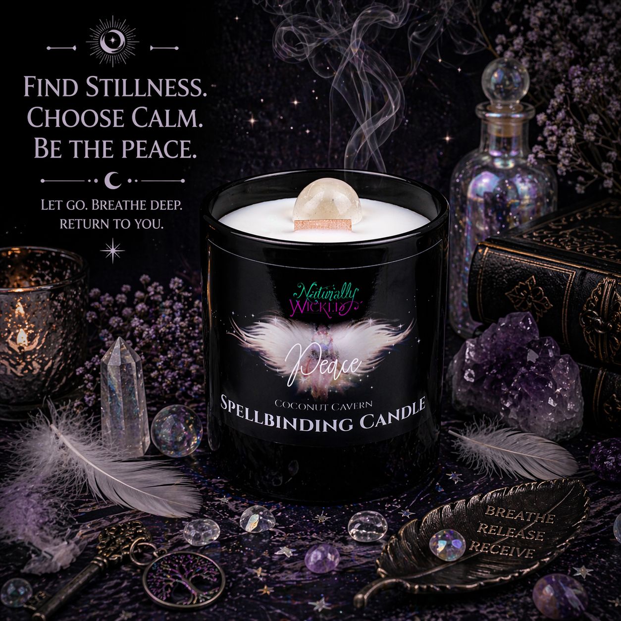 Naturally Wicked Spellbinding Peace Candle Amongst Mystical, Illuminating Accessories, Such As Feathers, Crystals, & Tree Of Life