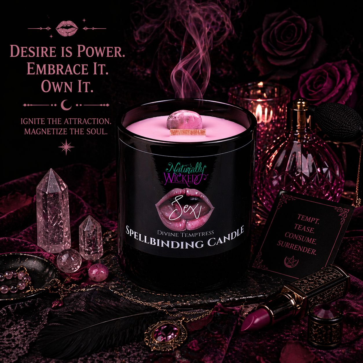 Naturally Wicked Spellbinding Sex Candle In Erotic Pink Setting Beside Lipstick, Mystical Accessories & Crystals 