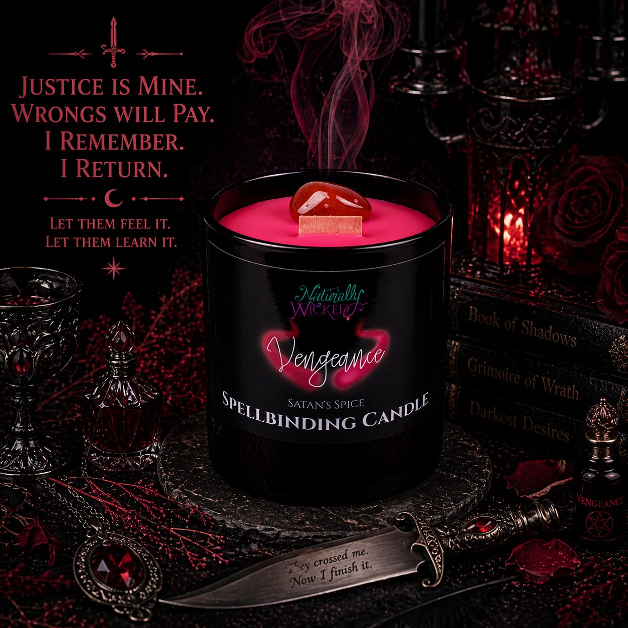 Spellbinding Vengeance Candle In Dark Red Revenge Ritual Amongst Crystal Entombed Dagger, Witch Books & Rustic Goblet