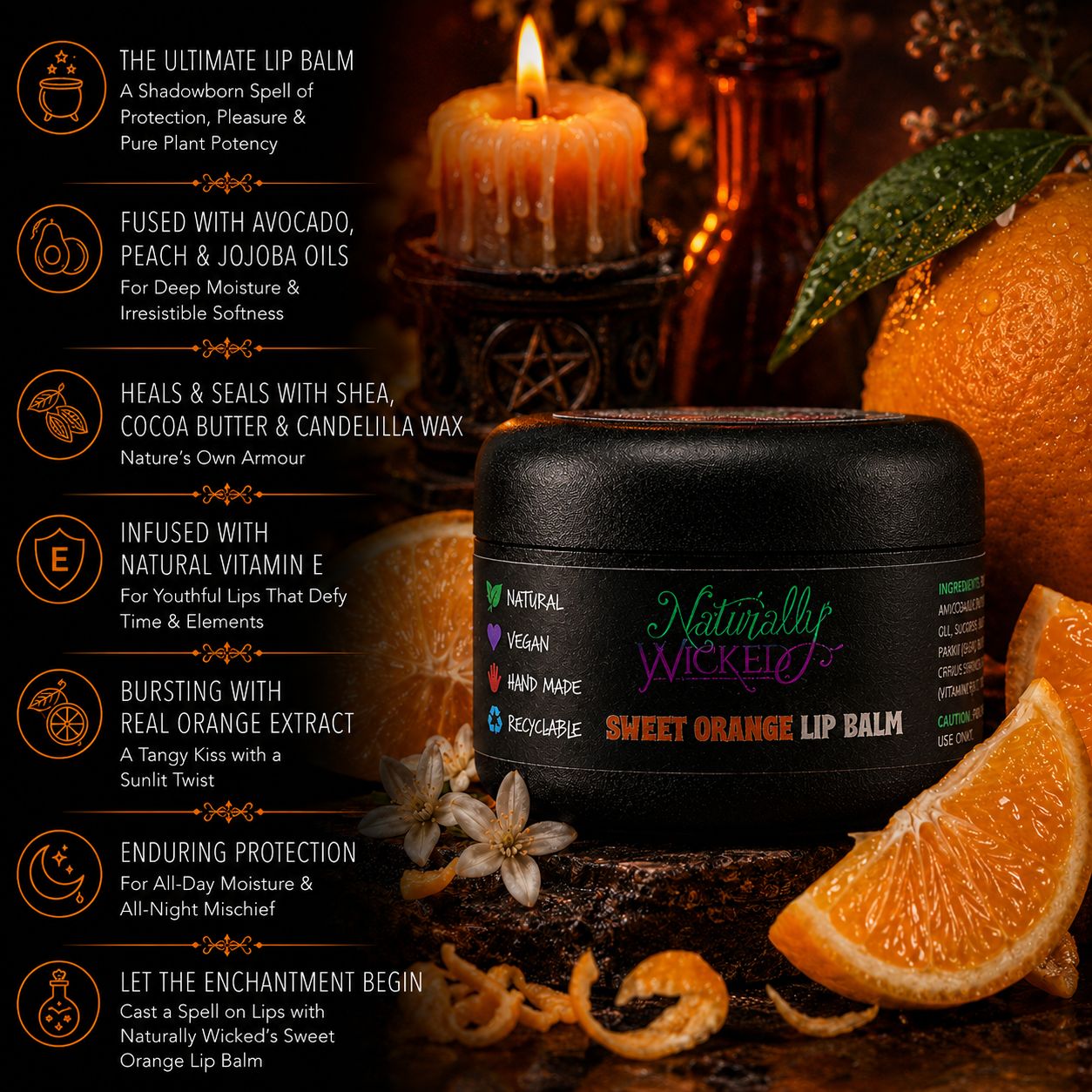 Naturally Wicked Sweet Orange Lip Balm Amongst Orange Quadrants, Orange Peel, Citrus Leaves, Citrus Flowers & Orange Candle, Beside Lip Conditioning Benefits Of Balm Application