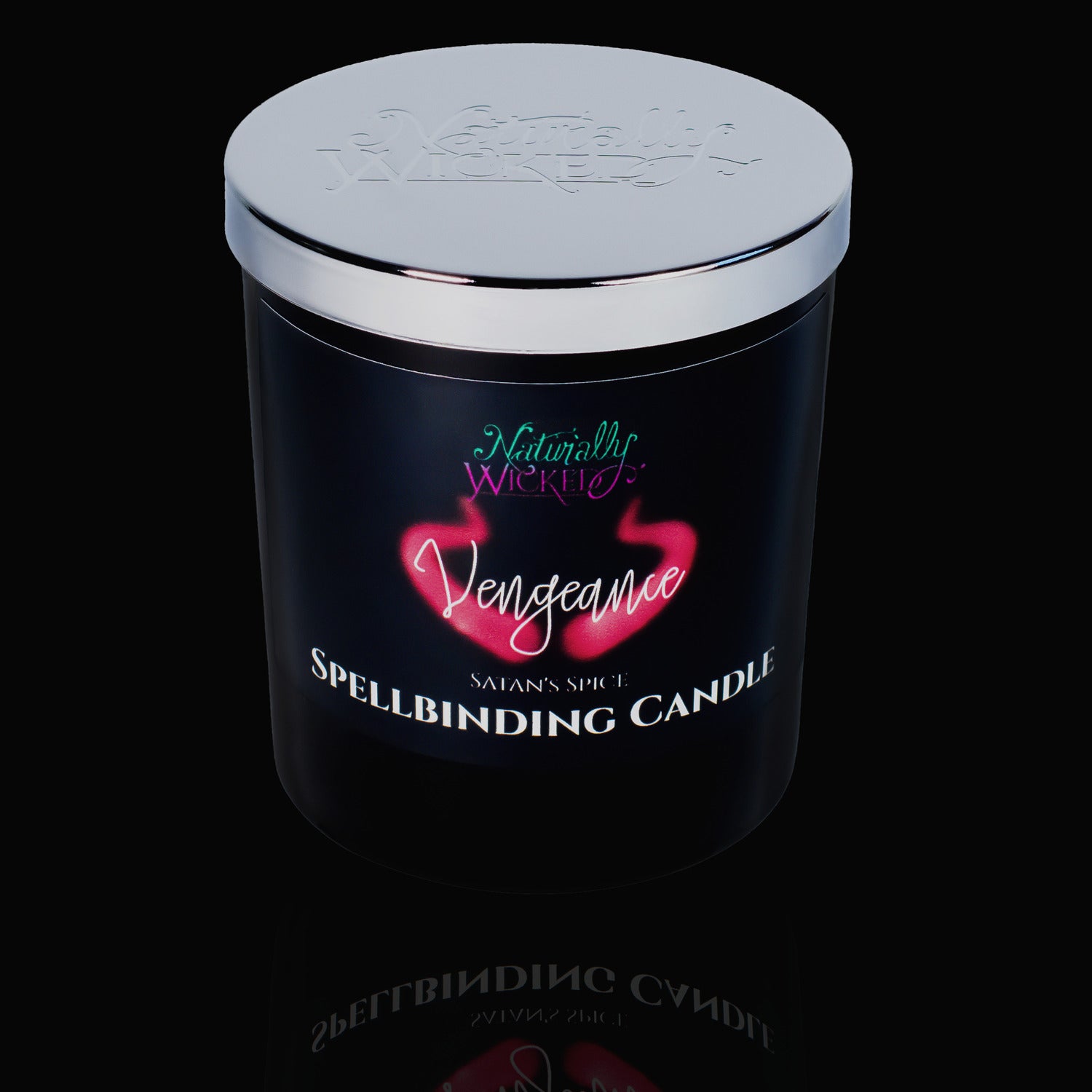 A Truly Unique Gift. Naturally Wicked Spellbinding Vengeance Spell Candle With Mirror Finished Exquisite Lid In Place. Featuring A Black Gloss Label And A Pair Of Red Glowing Devil Horns