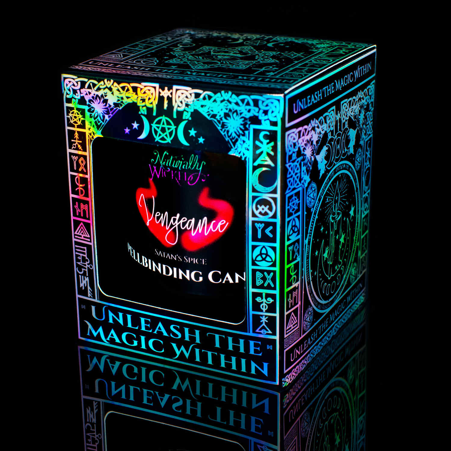 The Perfect Spell Candle For The Darkest Of Souls; The Naturally Wicked Spellbinding Vengeance Candle Is Displayed In A Magical Iridescent Gloss Gift Box, With An Invitation For Its User To 'Unleash The Magic Within.'