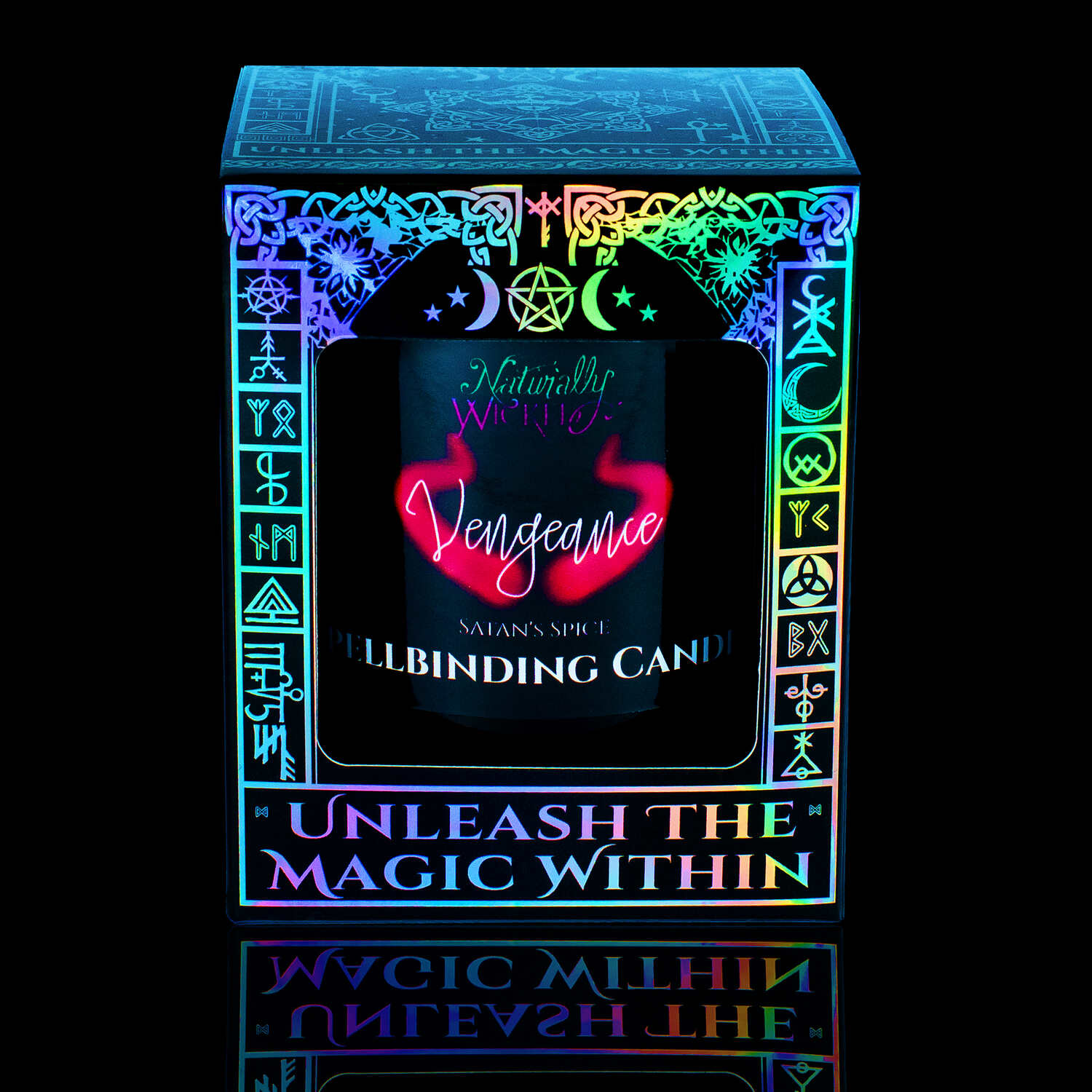 Cast A Spell Hotter Than Hell & Reap Revenge With The Naturally Wicked Spellbinding Vengeance Candle, Displayed In A Mystical Iridescent Gloss Gift Box, With An Invitation To 'Unleash The Magic Within.'