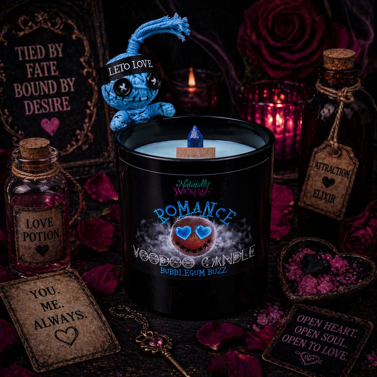 Voodoo Romance Candle In Romantic Ritual Surrounded By Attraction Elixir, Love Potion & Love Spell Cards