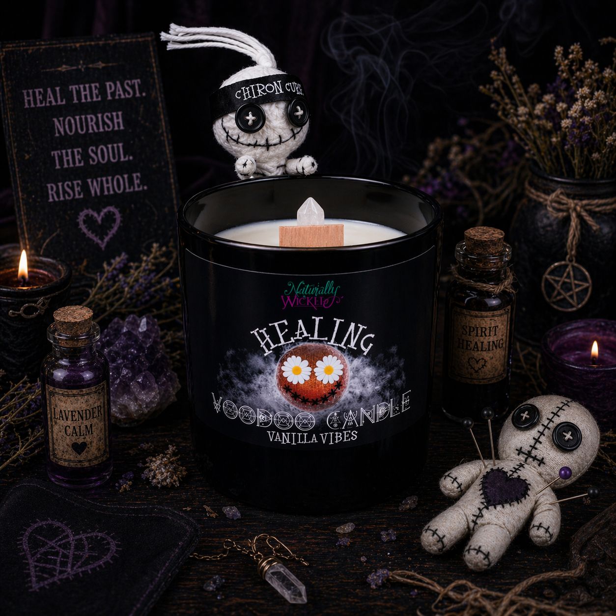 Voodoo Healing Candle In Healing Ritual Amongst Witchy Potions, Mysterious Voodoo Dolls & Quartz Crystals