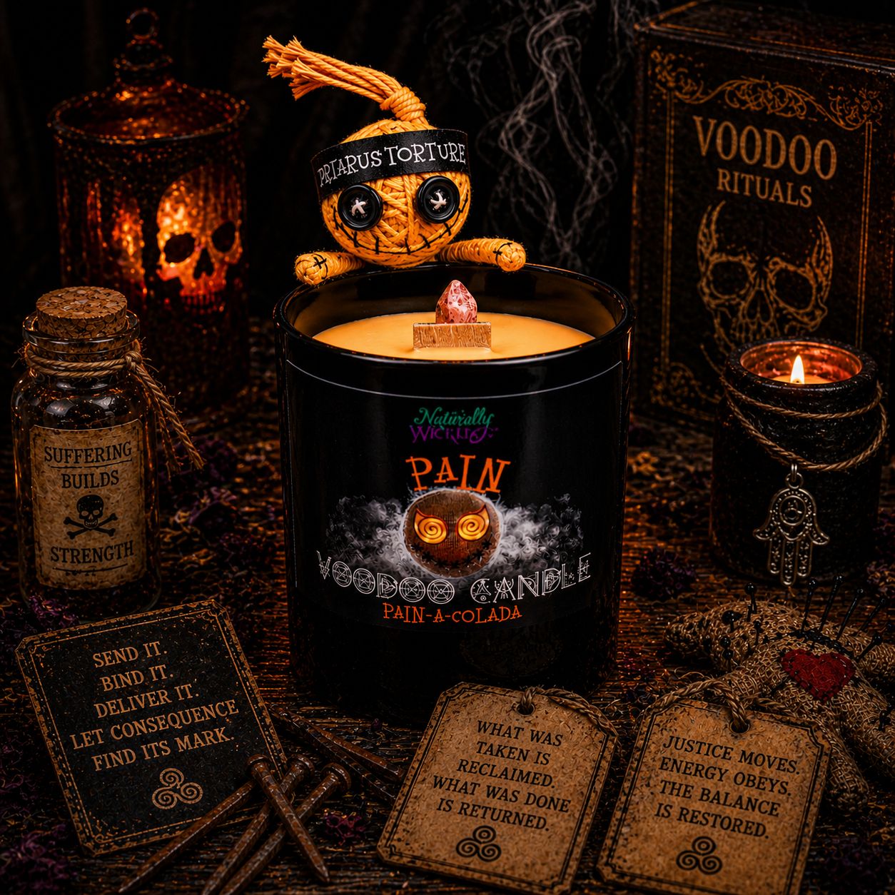 Voodoo Pain Candle With Orange Voodoo Doll in Pain Ritual Amongst Potion, Affirmations, Rusty Nails & Other Witchy Tools In Dim Lit Candlelight