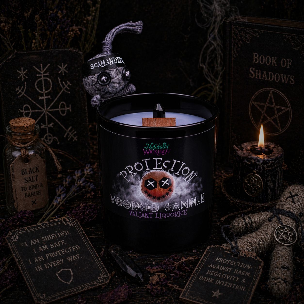 Naturally Wicked Voodoo Protection Candle In Protection Ritual Amongst Book Of Shadows, Black Salt & Protection Spell Cards