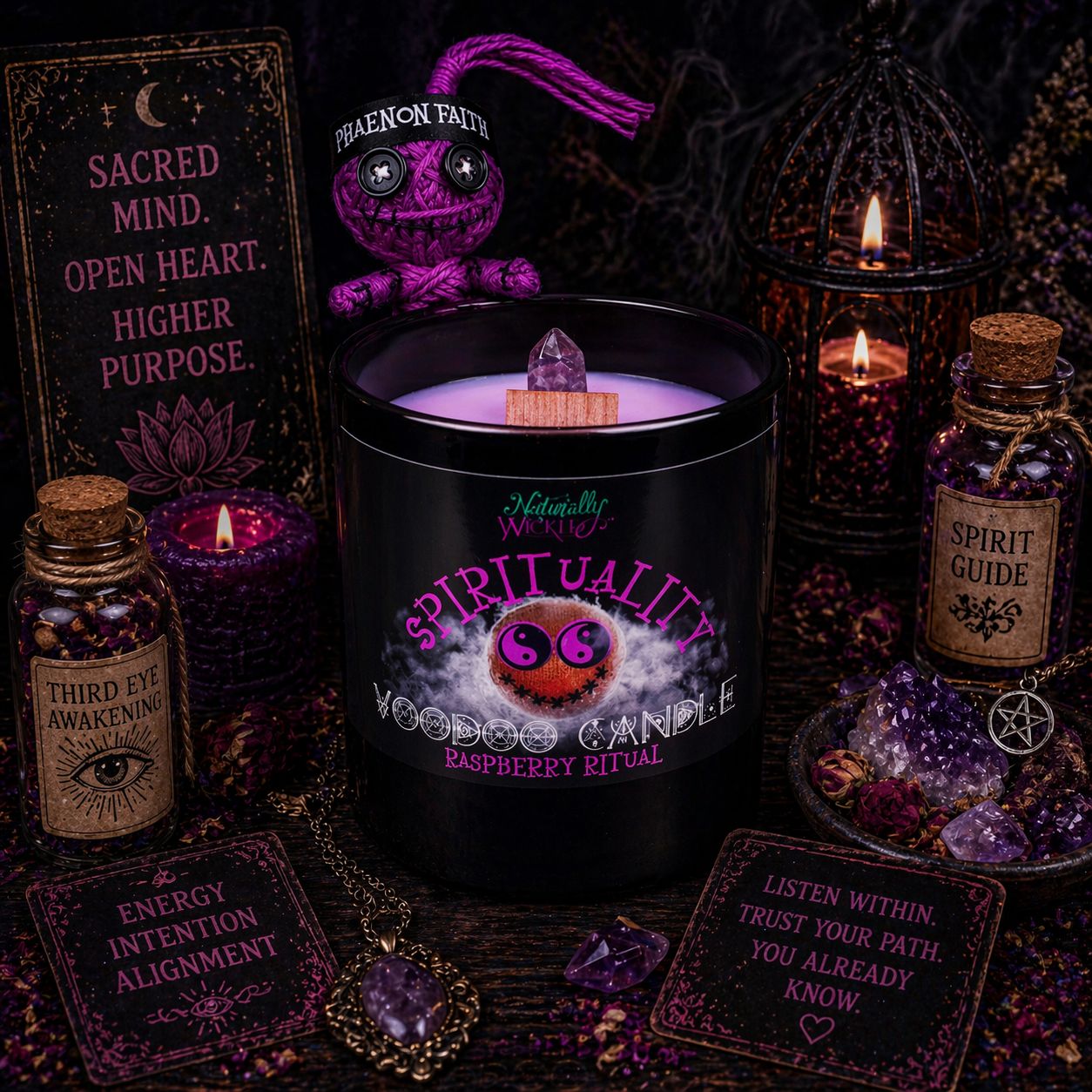 Voodoo Spirituality Candle With Purple Voodoo Doll In Spirituality Ritual Amongst Crystals, Blossoms, Affirmations & Other Witchy Accessories Under Dim Candle Light