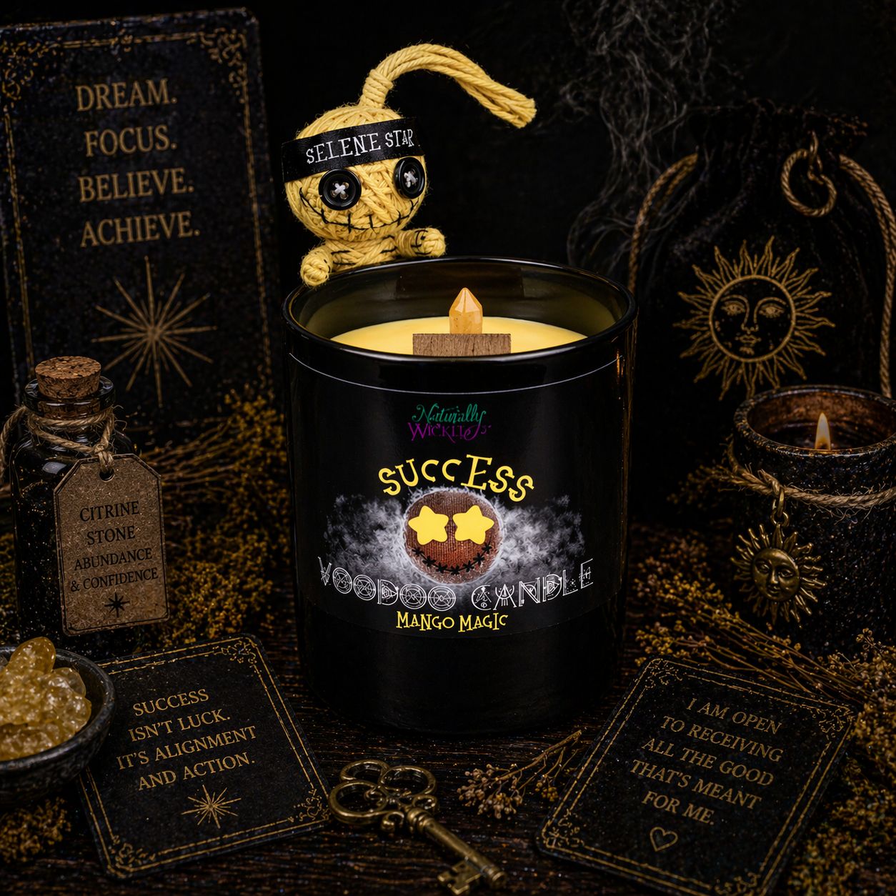Voodoo Success Candle With Yellow Voodoo Doll In Voodoo Success Ritual Amongst Crystals, Affirmations & Golden Key Alongside Other Witchy Accessories
