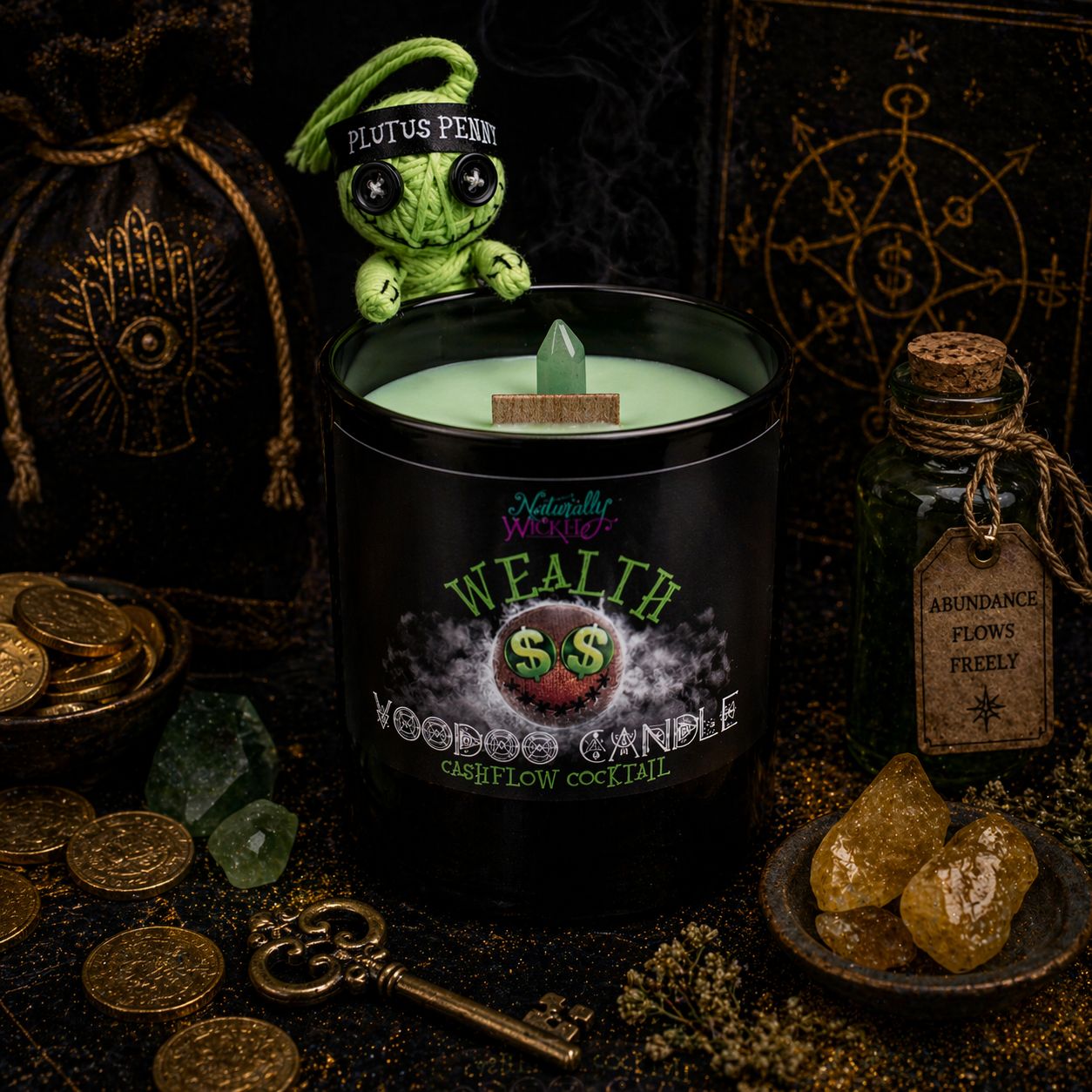 Voodoo Wealth Candle In Wealth Ritual With Green Vooodoo Doll, Amongst Gold Coins, Golden Key, Crystals & Other Mystical Accessories