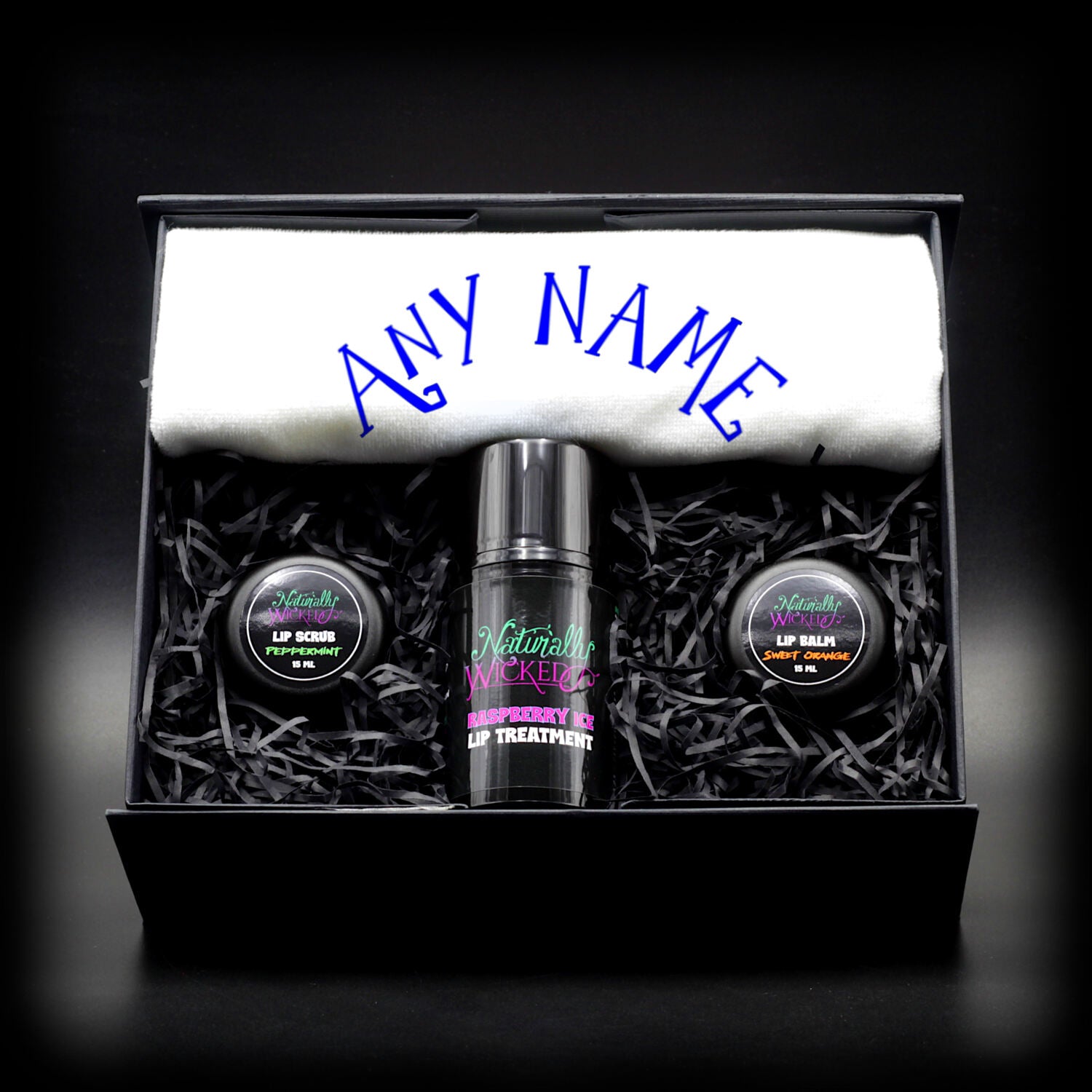 Naturally Wicked Deluxe Lip Kit With Lip Scrub, Lip Treatment, Lip Balm & Personalised Towel - Gift With Any Name