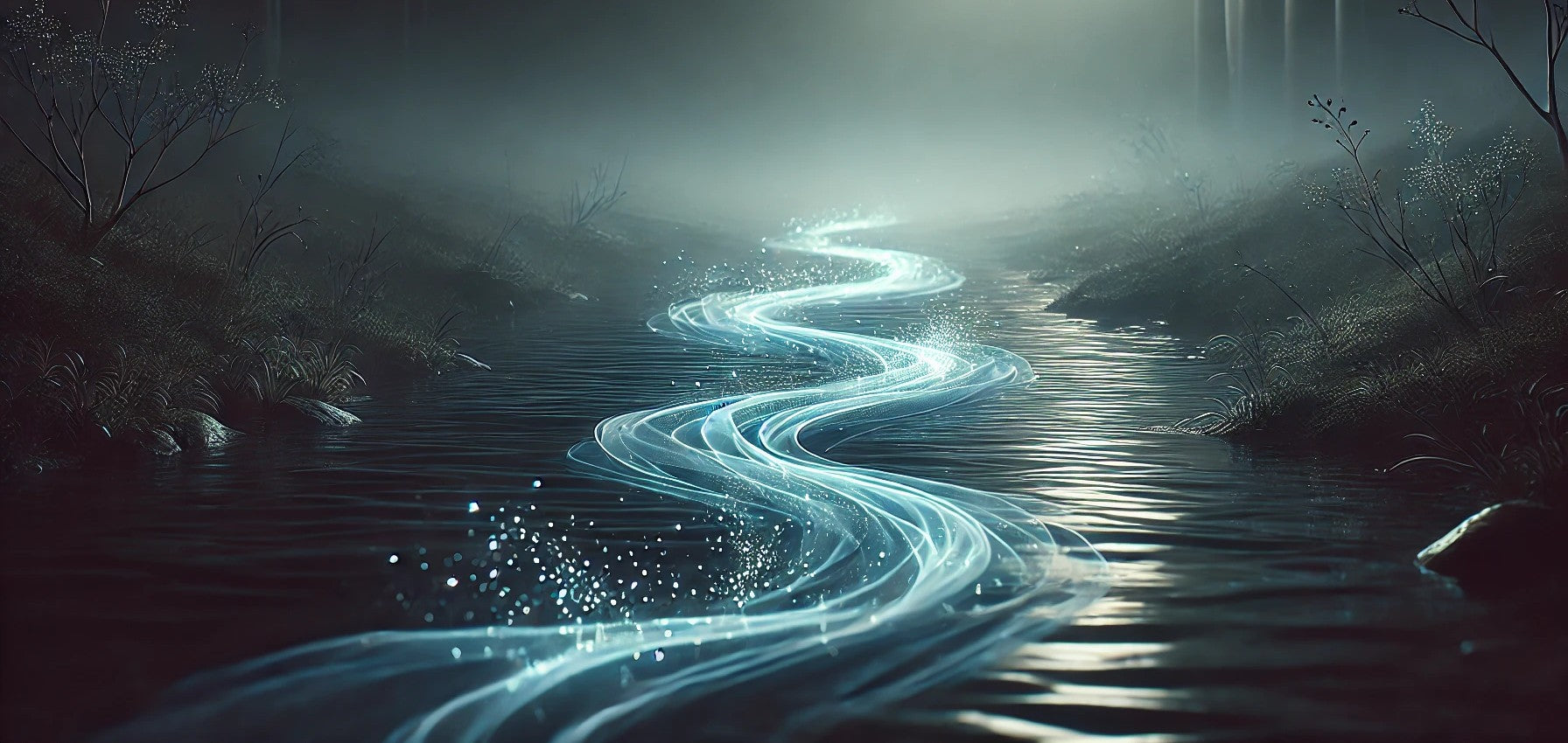 Magical Stream Of Water Flowing Through An Enchanted Forest With Mystical, Light Blue Aura On Top