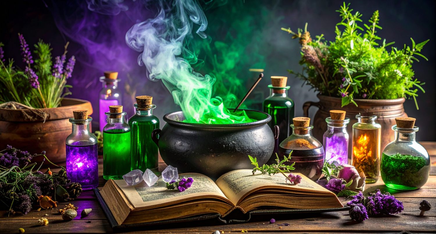 Wicked Cauldron Bubbling With Green & Purple Mystical Smoke Amongst Magic Potion Bottles, Crystals, Healing Herbs & A Spell Book