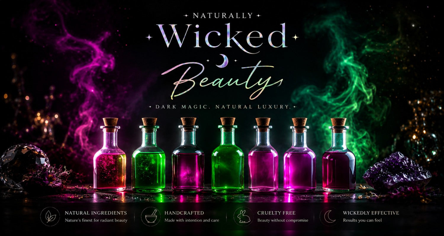 Naturally Wicked Beauty Expressed With Mysterious Pink & Green Smoke Amongst Magical Potion Bottles & Crystals