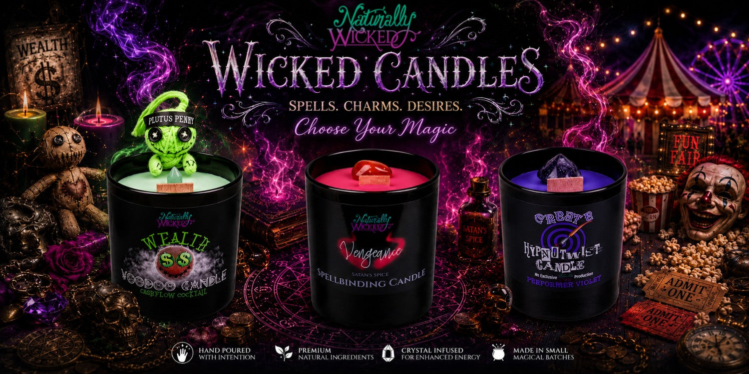 Naturally Wicked Voodoo Candle, Spellbinding Candle & Hypnotwist Candle Amongst Magical Scene Featuring Skulls, Voodoo Dolls, Clown Heads & Spell Book
