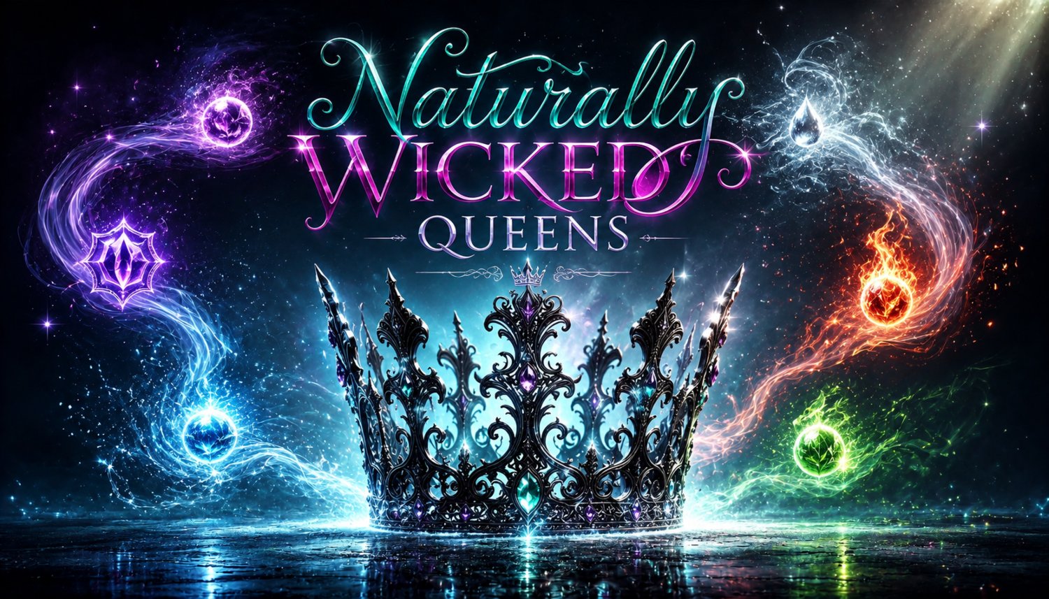 Magical Naturally Wicked Queen Crown Surrounded By Magical Elements Of Earth, Fire, Water, Ice, Air & Storm 