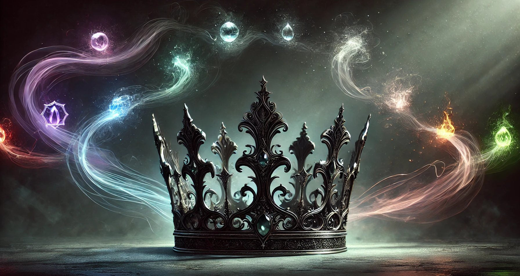 Regal Wicked Queen Crown Surrounded By Whisps Of Magical Elemental Energy From Water, Fire, Air, Storm, Earth & Ice