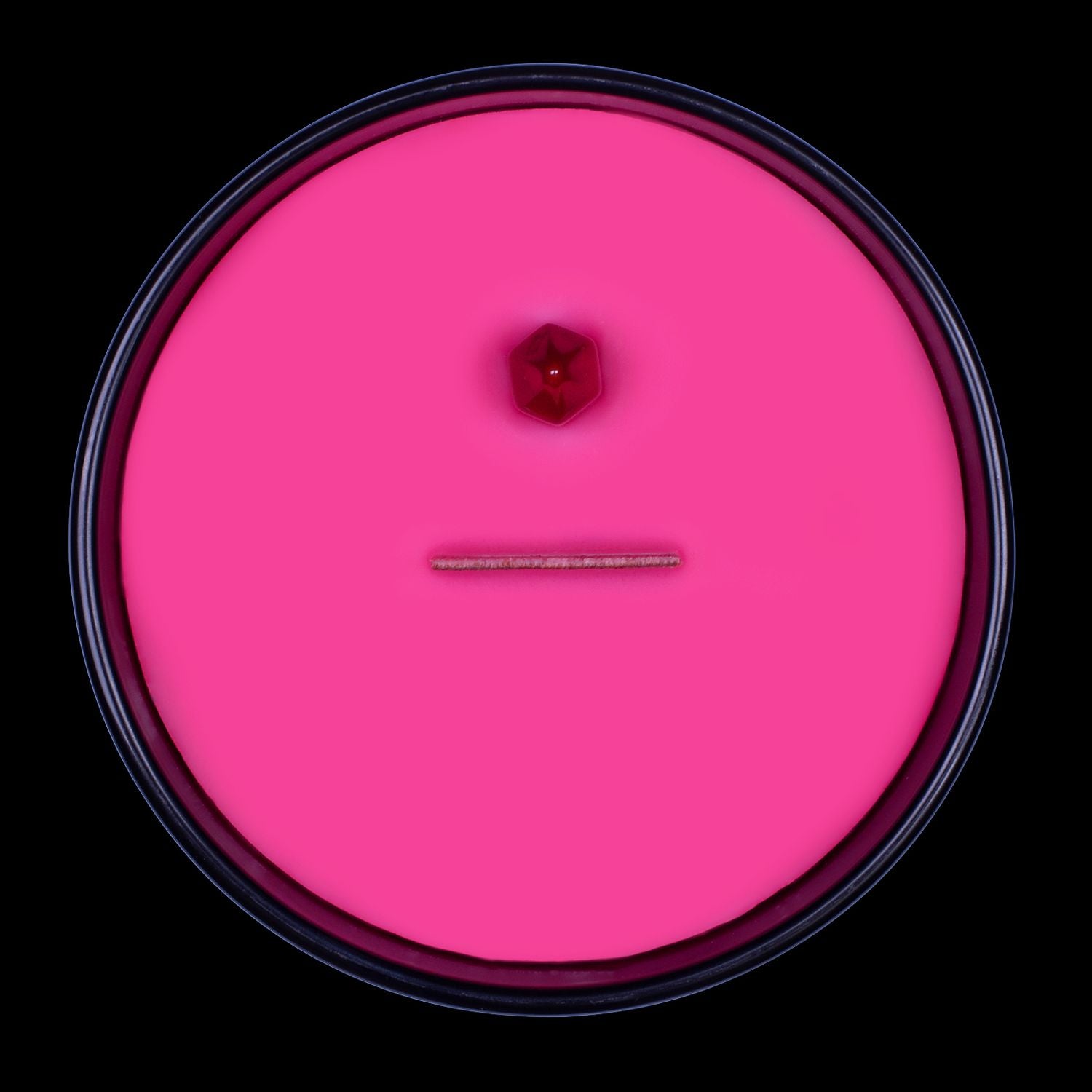 Naturally Wicked Voodoo Power Crystal Candle View From Above Shows Red Smooth Plant-based Wax, Featuring A Wooden Wick And Red Jasper Crystal Wand. All Situated Within A Black Gloss Glass Container.