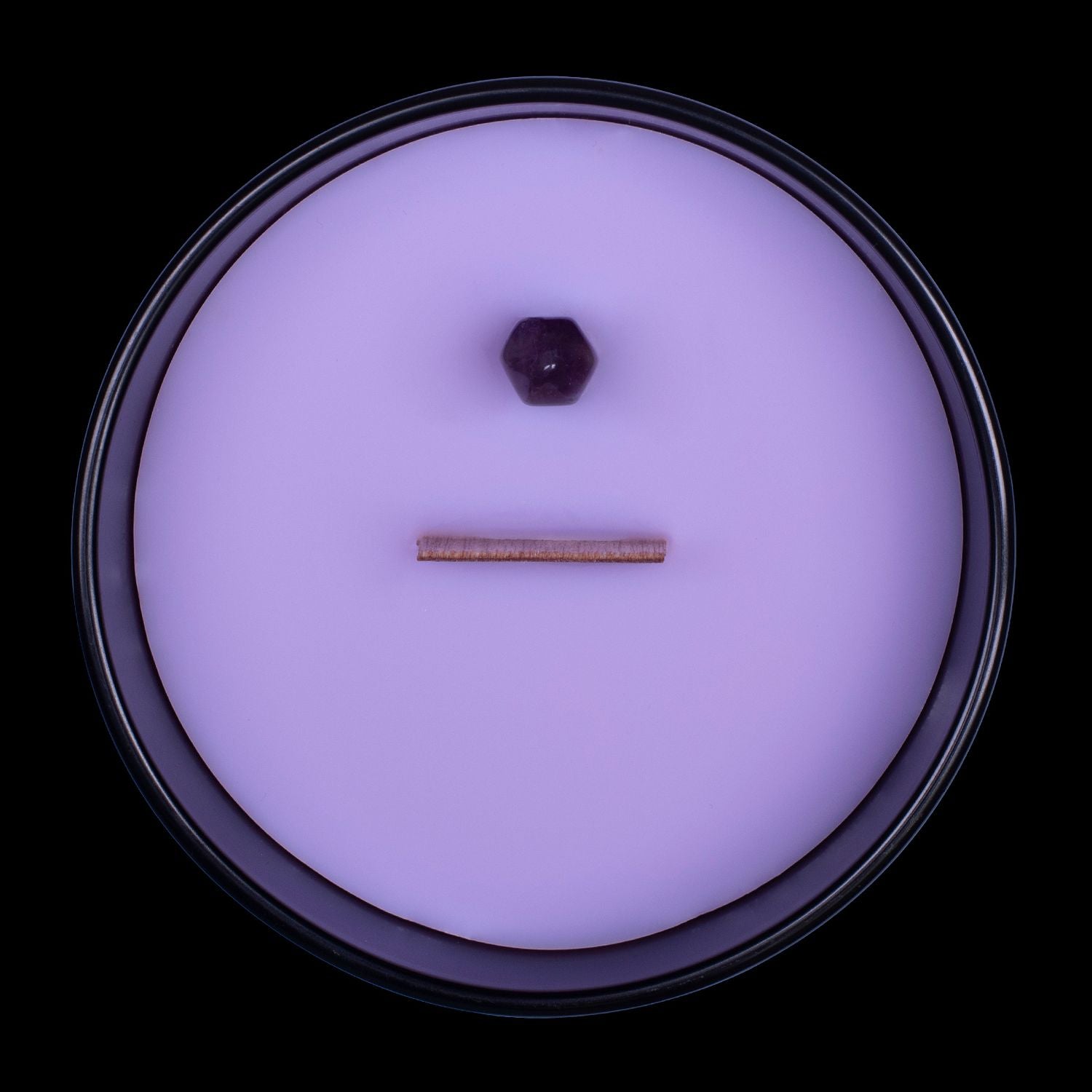 Naturally Wicked Voodoo Spirituality Crystal Candle View From Above Shows Purple Smooth Plant-based Wax, Featuring A Wooden Wick And Purple Amethyst Crystal Wand. All Situated Within A Black Gloss Glass Container.