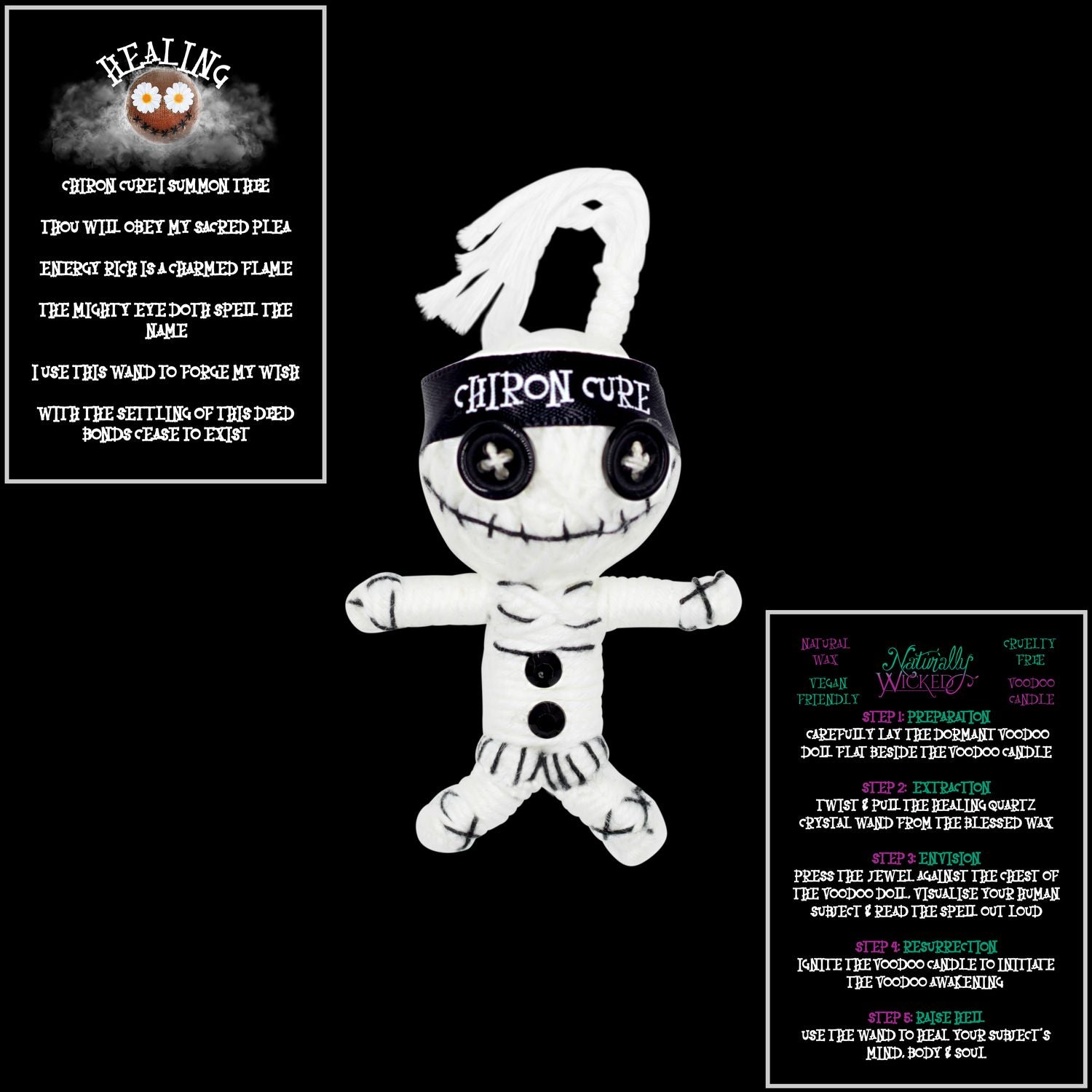 Naturally Wicked White Voodoo Doll Chiron Cure Featured With Healing Spell Cards. The Perfect Healing Gift. 