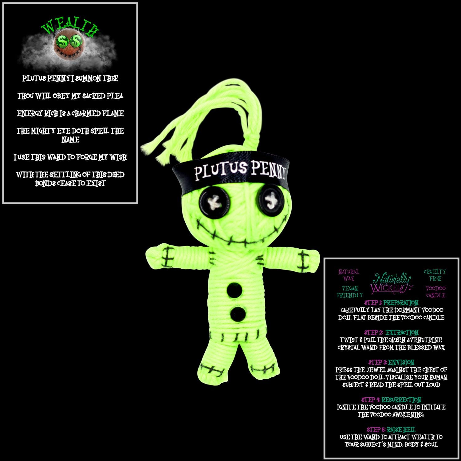 Naturally Wicked Yellow Voodoo Doll Plutus Penny Featured With Wealth Spell Cards. The Perfect Wealth Gift.