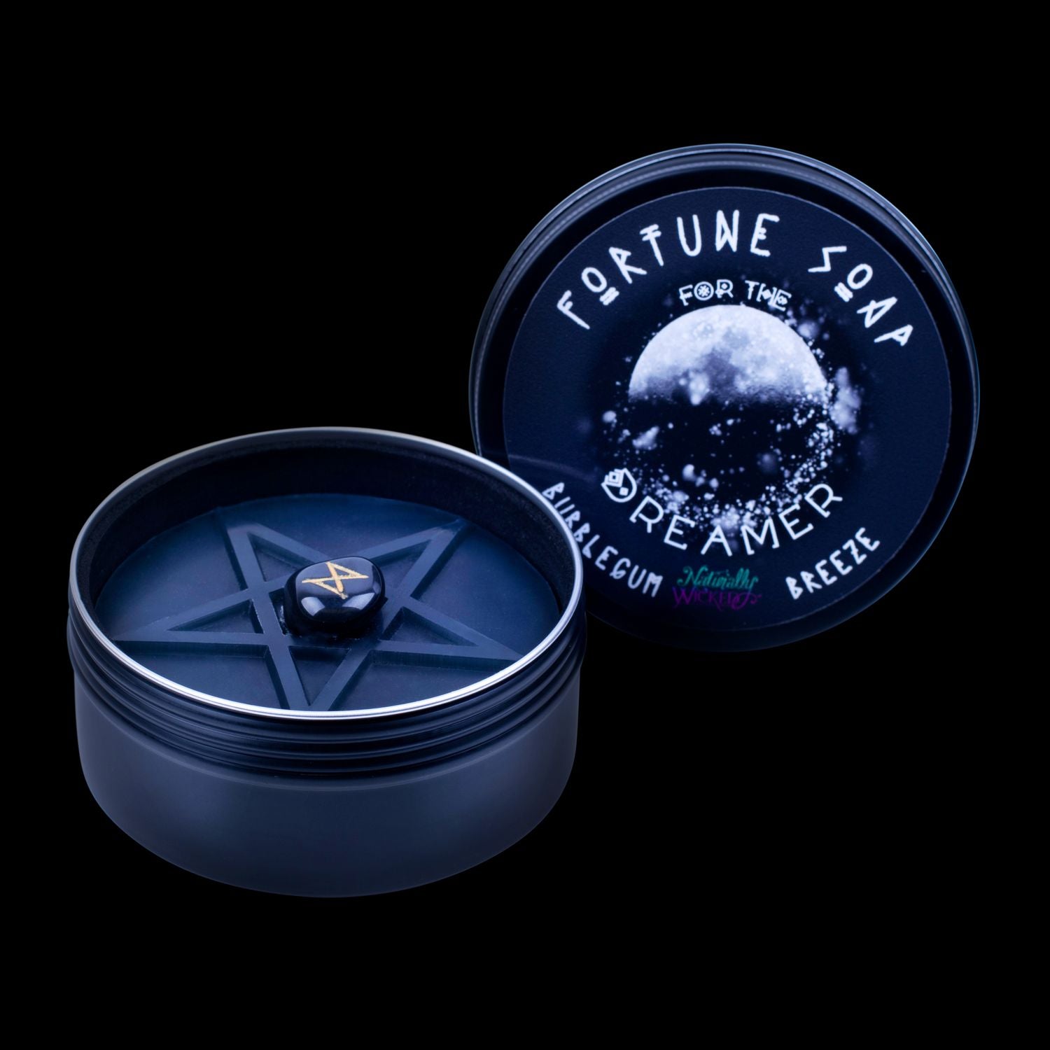 Naturally Wicked Fortune Soap For The Dreamer, Black Plant-based Soap, Black Obsidian Crystal, Bubblegum Breeze Scent & Black Gloss Gift Tin Included.