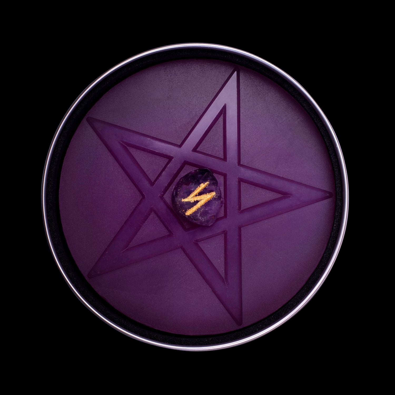 Inside View Of Purple Plant-based Soap Featuring Spell Casting Pentagon & Amethyst Crystal Rune. Naturally Wicked Fortune Soap For The Entertainer Scented With Berry Storm