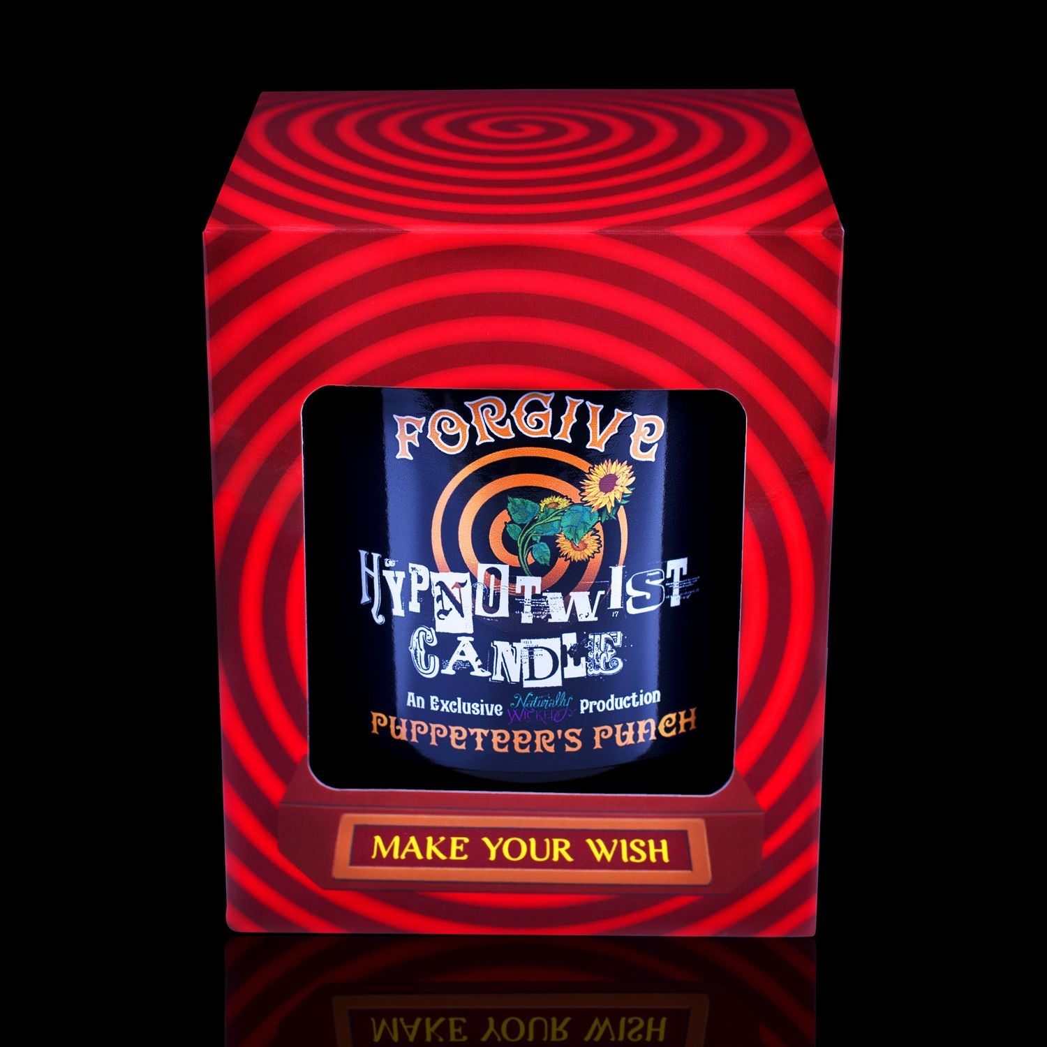 Make Your Wish With The Naturally Wicked Hypnotwist Forgive Candle, Plant-based Soy Orange Wax Scented With Puppeteer's Punch, Including An Orange Aventurine Crystal Spinning Top, Mirrored Lid & Red Circus Hypnotic Gift Box