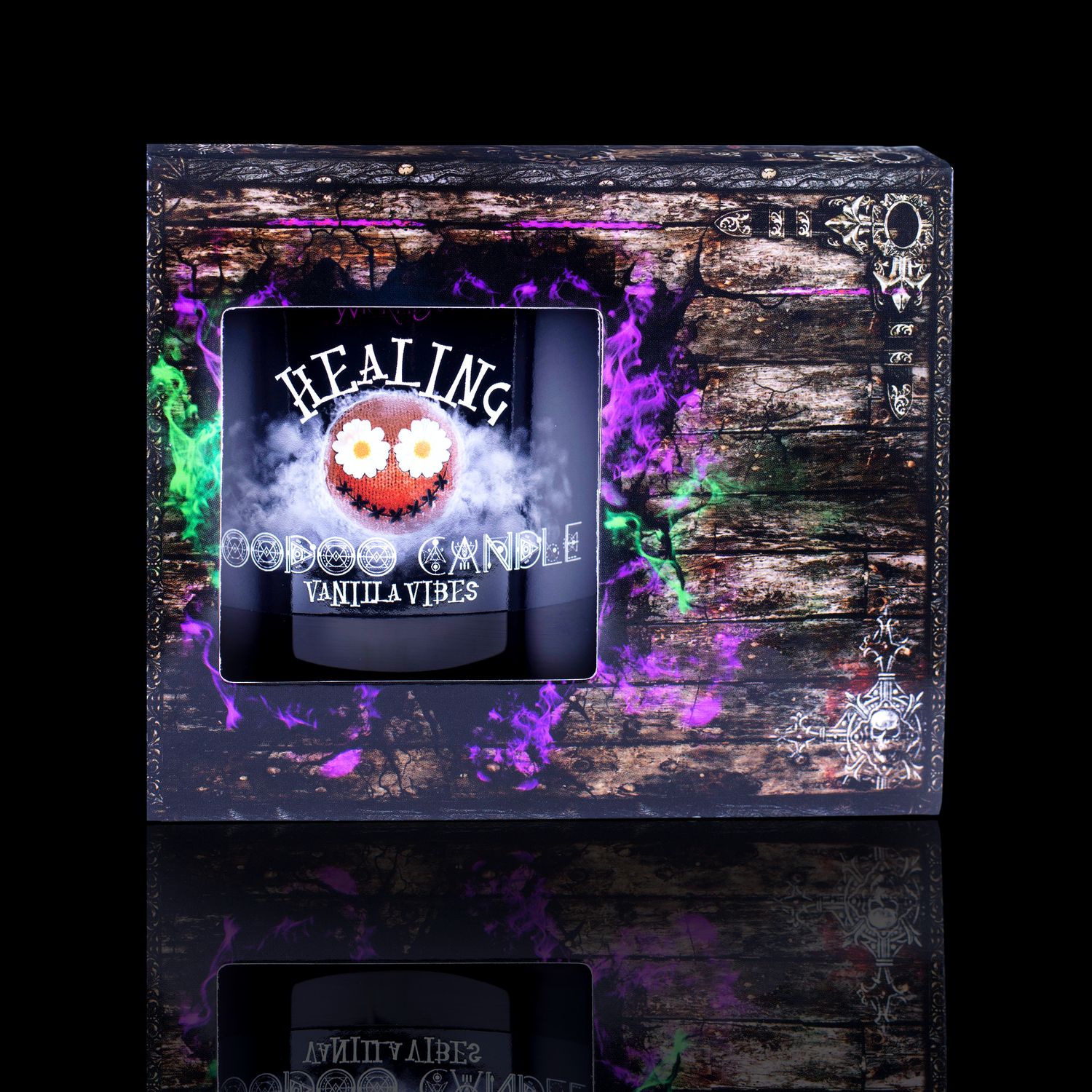 The Perfect Spell Candle For Healing. Naturally Wicked Voodoo Healing Candle Displayed In A Haunting Treasure Chest Gift Box. The Candle Features Plant-Based Smooth White Wax, A Wood Wick, White Voodoo Doll And A Beautiful Clear Quartz Crystal Wand.