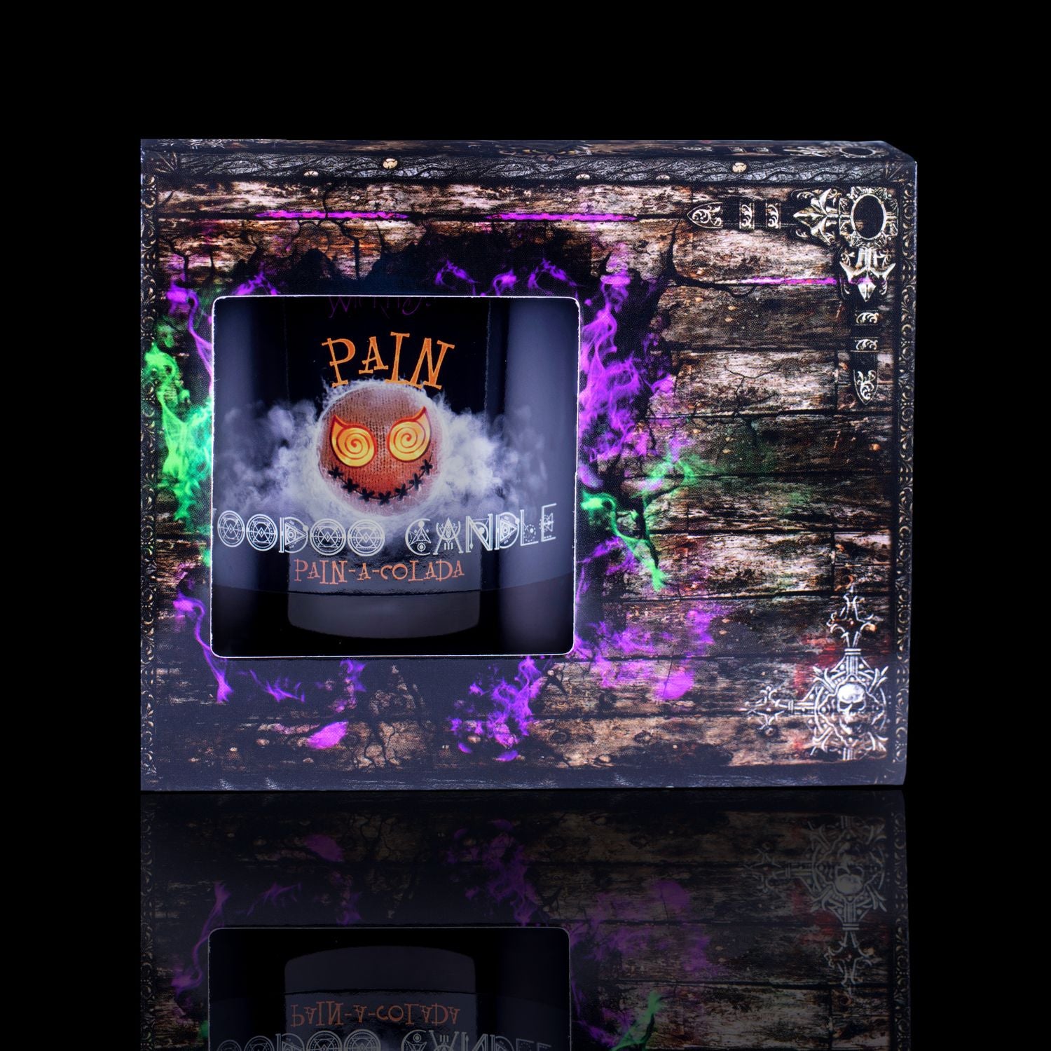The Perfect Spell Candle For Inflicting Pain. Naturally Wicked Voodoo Pain Candle Displayed In A Haunting Treasure Chest Gift Box. The Candle Features Plant-Based Smooth Orange Wax, A Wood Wick, Orange Voodoo Doll And A Beautiful Leopardskin Jasper Crystal Wand.