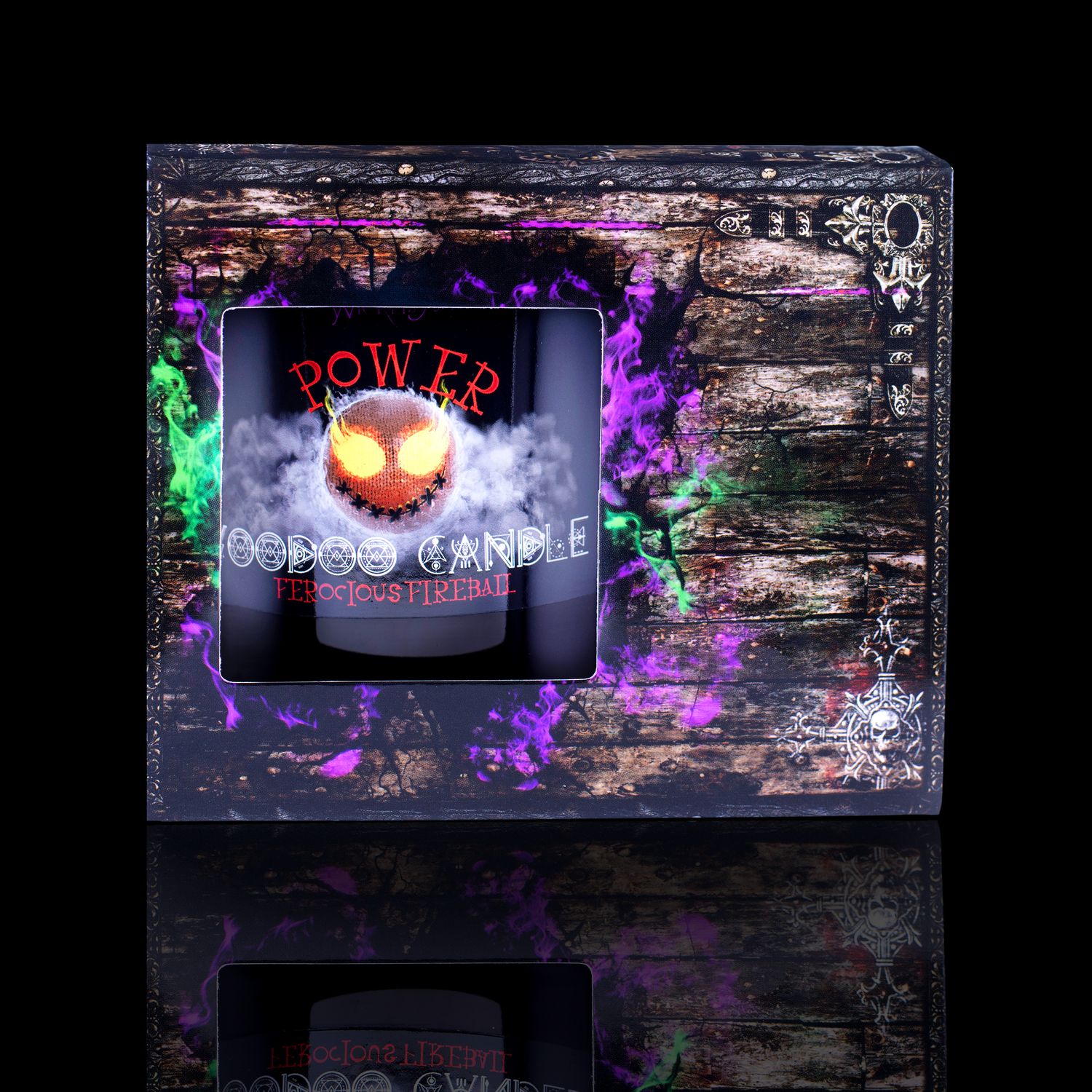 The Perfect Spell Candle For Power. Naturally Wicked Voodoo Power Candle Displayed In A Haunting Treasure Chest Gift Box. The Candle Features Plant-Based Smooth Red Wax, A Wood Wick, Red Voodoo Doll And A Beautiful Red Jasper Crystal Wand.