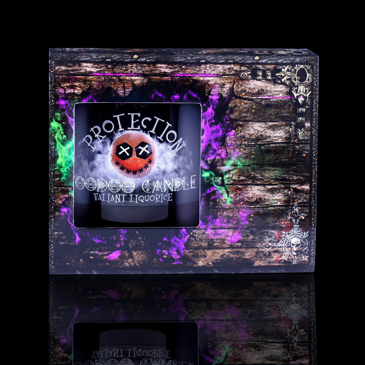 Side View Of The Fabulously Haunting Voodoo Protection Spell Candle. Naturally Wicked Voodoo Protection Candle Displayed In A Gift Box. The Candle Features Plant-Based Smooth Black Wax, A Wood Wick, Black Voodoo Doll And A Beautiful Black Obsidian Crystal Wand.