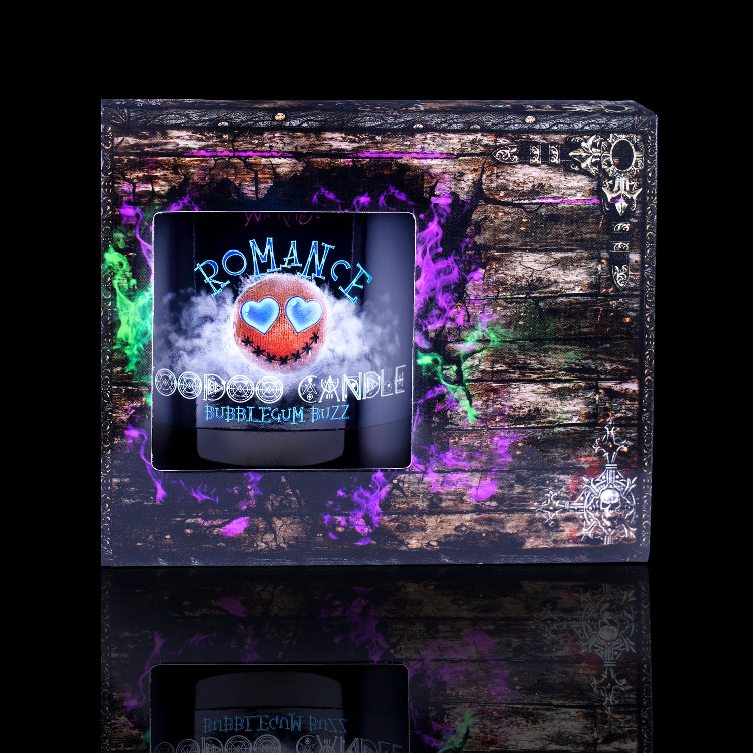 The Perfect Spell Candle For Romance. Naturally Wicked Voodoo Romance Candle Displayed In A Haunting Treasure Chest Gift Box. The Candle Features Plant-Based Smooth Blue Wax, A Wood Wick, Blue Voodoo Doll And A Beautiful Blue Lapis Lazuli Crystal Wand.