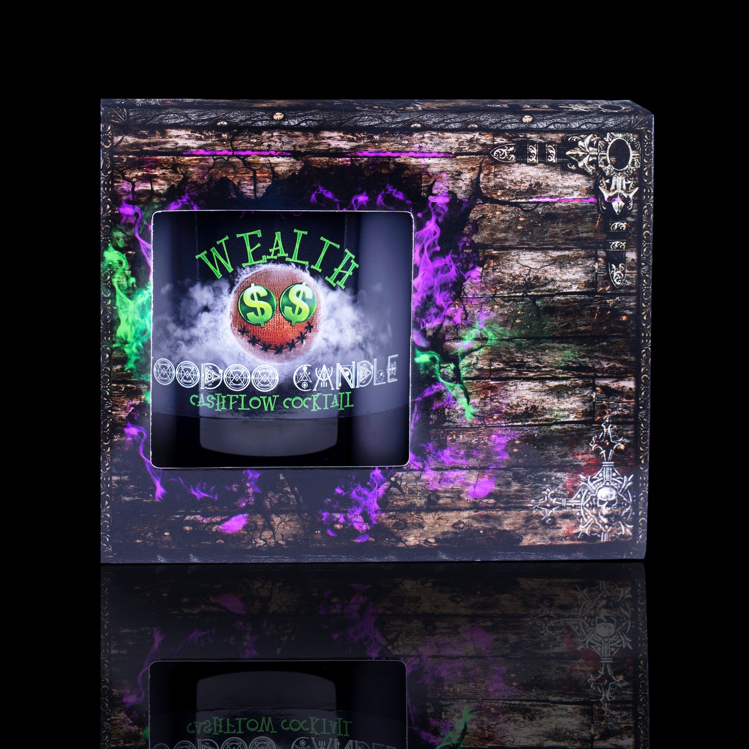 The Perfect Spell Candle For Wealth. Naturally Wicked Voodoo Wealth Candle Displayed In A Haunting Treasure Chest Gift Box. The Candle Features Plant-Based Smooth Green Wax, A Wood Wick, Green Voodoo Doll And A Beautiful Green Aventurine Crystal Wand.