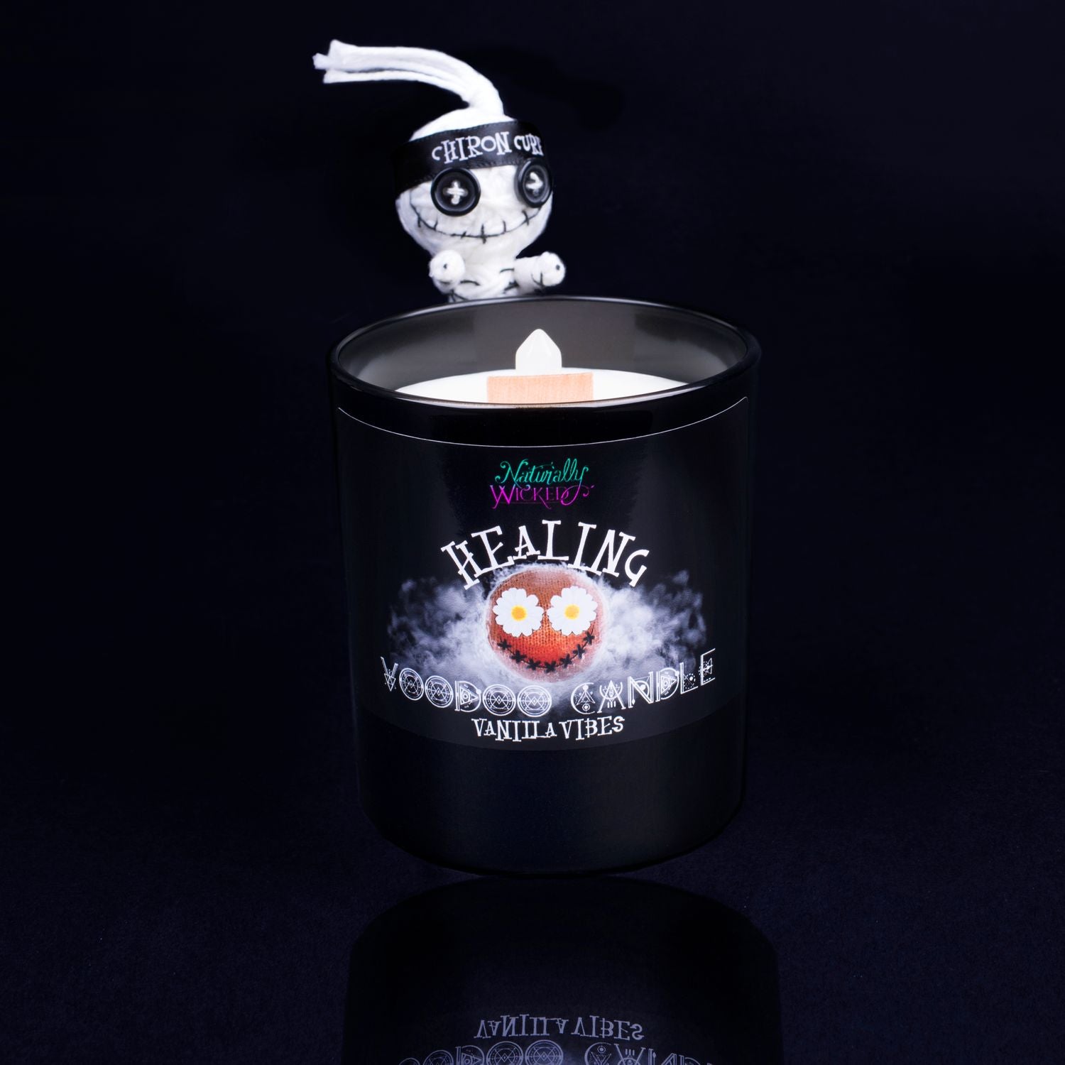 Naturally Wicked Voodoo Healing Crystal Candle Entombed In White Plant-Based Wax With Crackling Wood Wick, Clear Quartz Crystal Wand & White Voodoo Doll. 