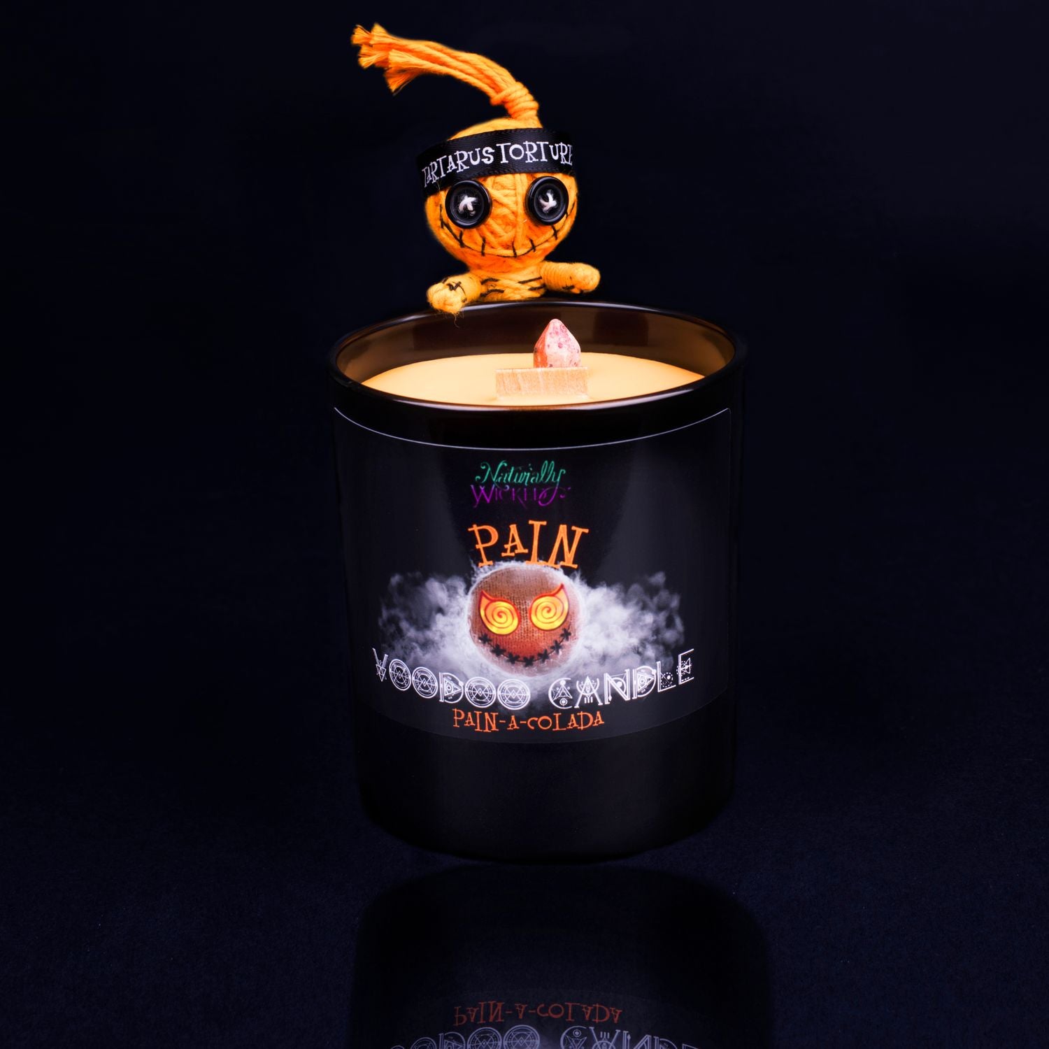Naturally Wicked Voodoo Pain Crystal Candle Entombed In Orange Plant-Based Wax With Crackling Wood Wick, Leopardskin Jasper Crystal Wand & Orange Voodoo Doll.